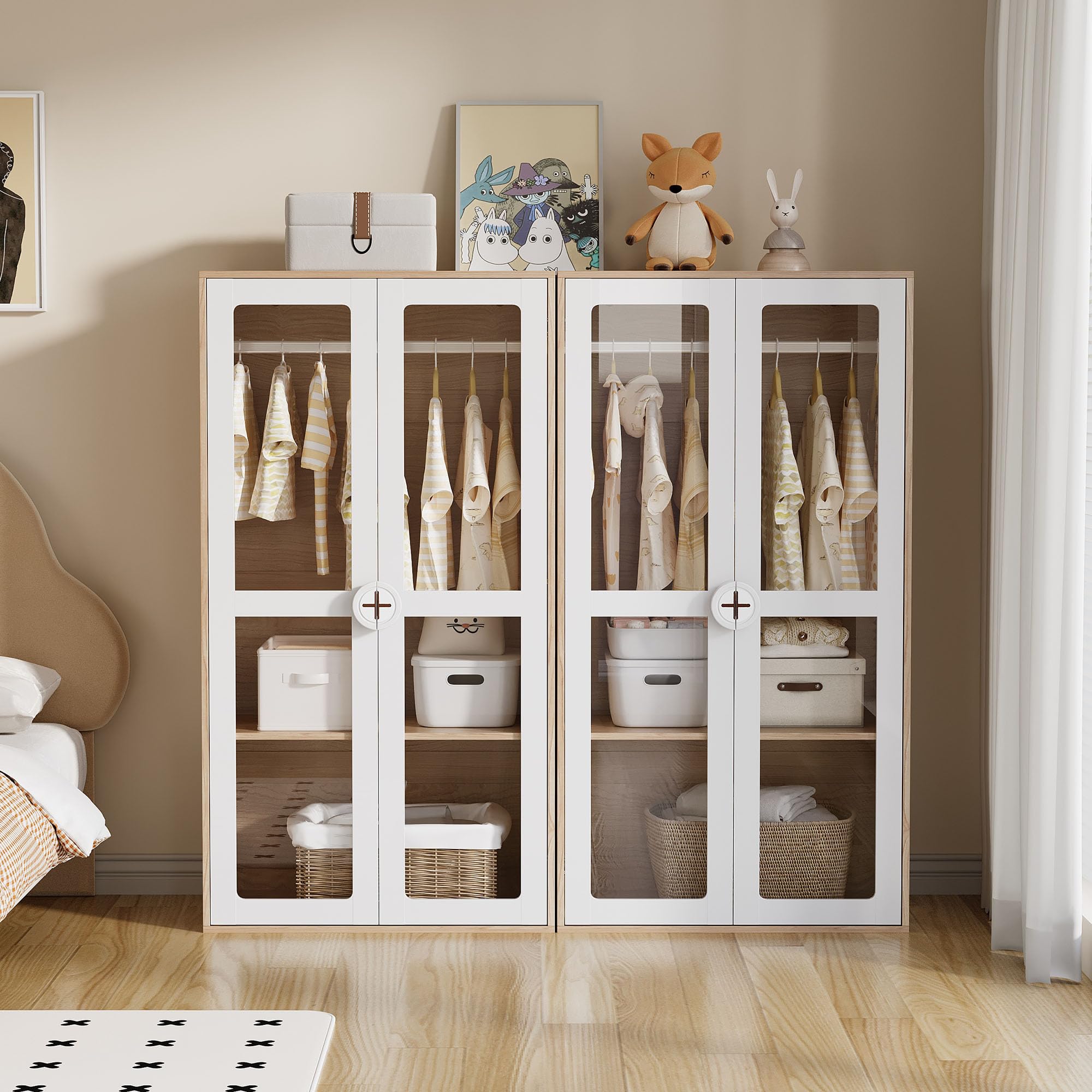 REXO Armario infantil de 80 × 50 × 150 cm, armario de puerta de cristal de dos puertas con barra para colgar y estantes deslizantes, asas de madera en forma de galleta, color blanco + madera natural