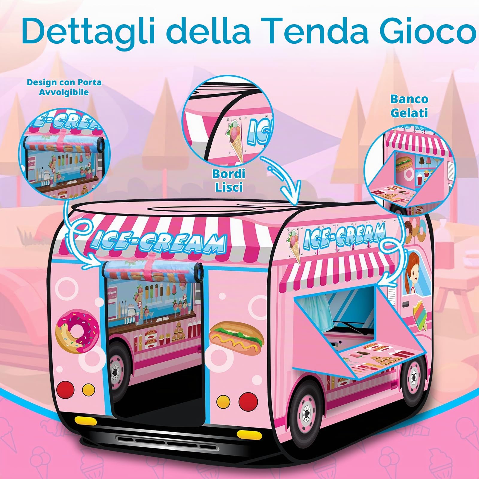 deAO Tenda da Gioco per Bambini Progettazione Pop-Up (Gelateria) | Montaggio Rapido, 2 Bambini, 3+ Anni, Interno/Esterno, Giardino/Casa, Finestre, Porta, Pieghevole, Leggera, Poliestere
