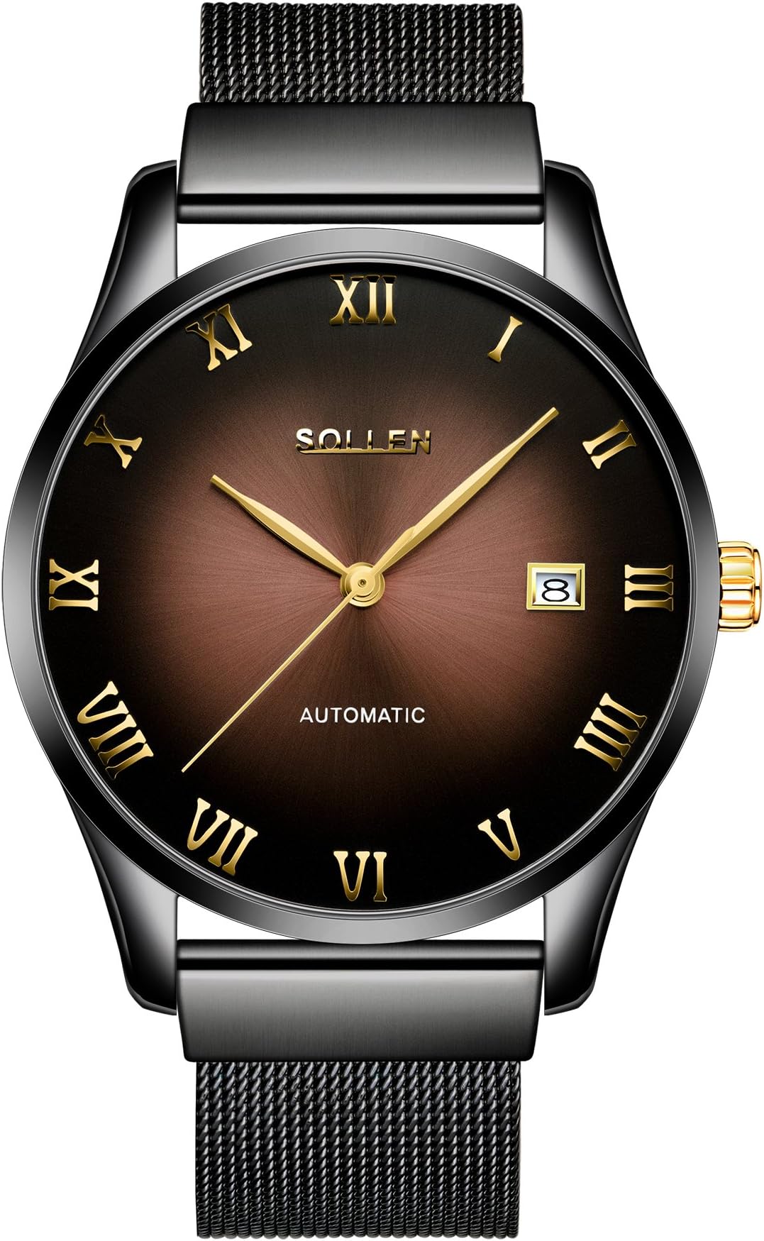 SOLLEN SL-9012 Men’s Sapphire Glass Slim Analog Automatic Stainless Steel Wrist Watch (Gold)
