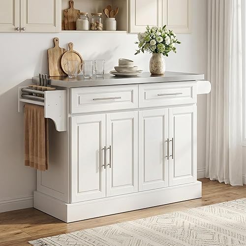 Miniatura 9 de HOMCOM Carro de isla de cocina rodante con ruedas, isla portátil para cocina con parte superior de acero inoxidable, estantes ajustables, 2 cajones,