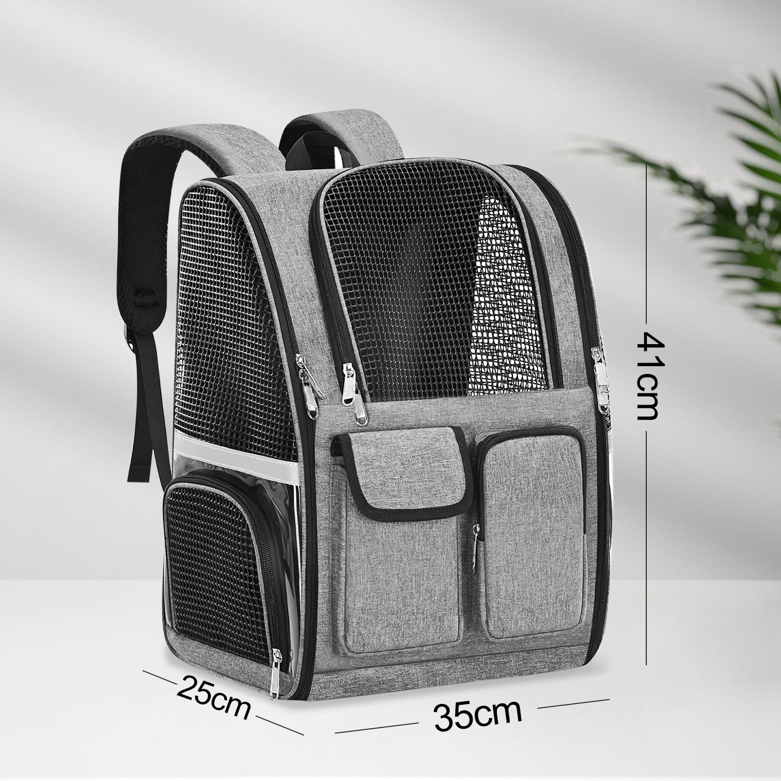 Zaino per Gatti 41x35x25cm – Trasportino Grigio Traspirante con Strisce Riflettenti, Cinghie S Comode, Multi-Zipper – Ideale per Gatti e Piccoli Animali