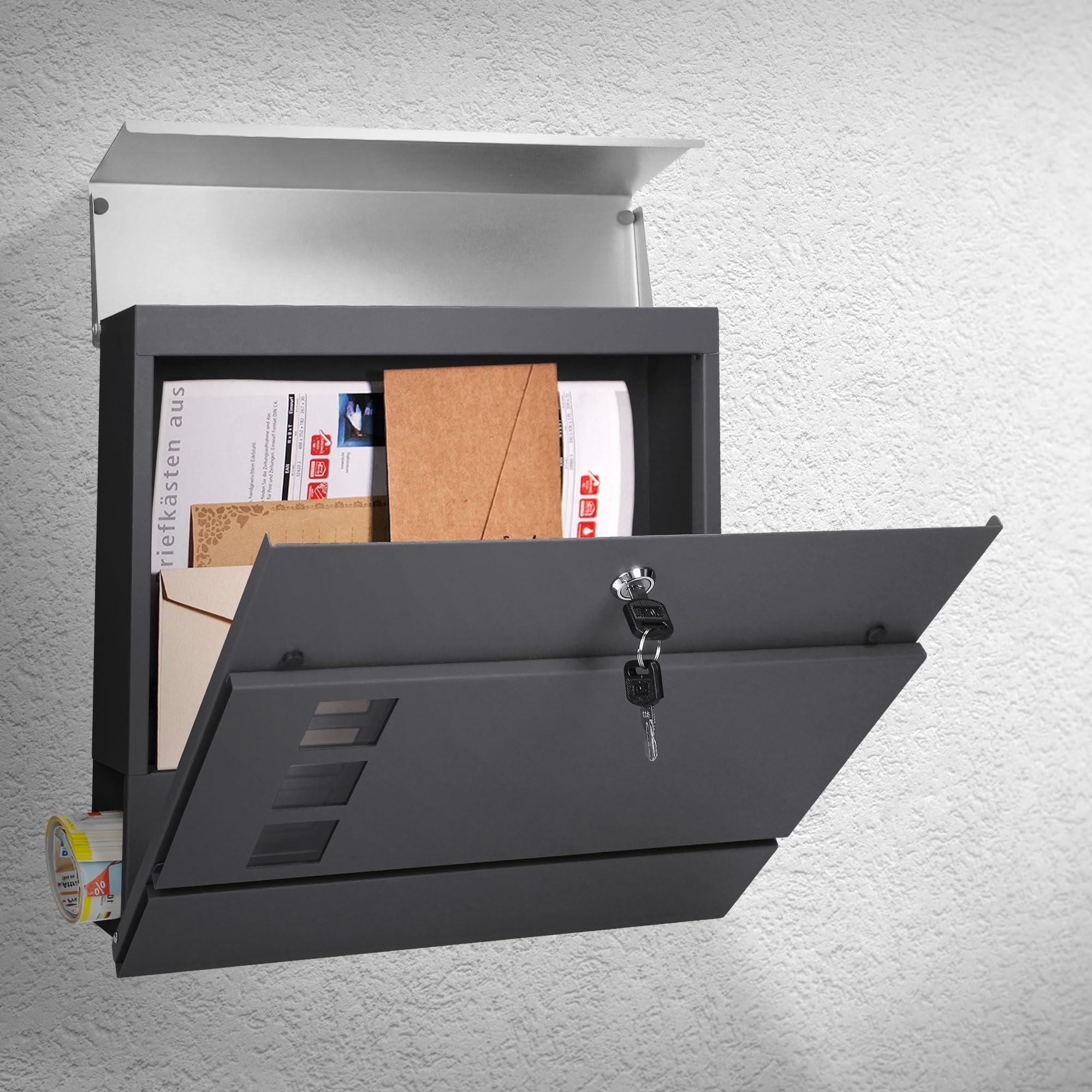 ECD Germany Buzón Correos Exterior Diseño Moderno de Pared con 3 Ventanas de Observación Compartimento para Periódicos 37x10,5x36,5 cm Acero Plata/Antracita Incl. 2 Llaves con Material de Montaje