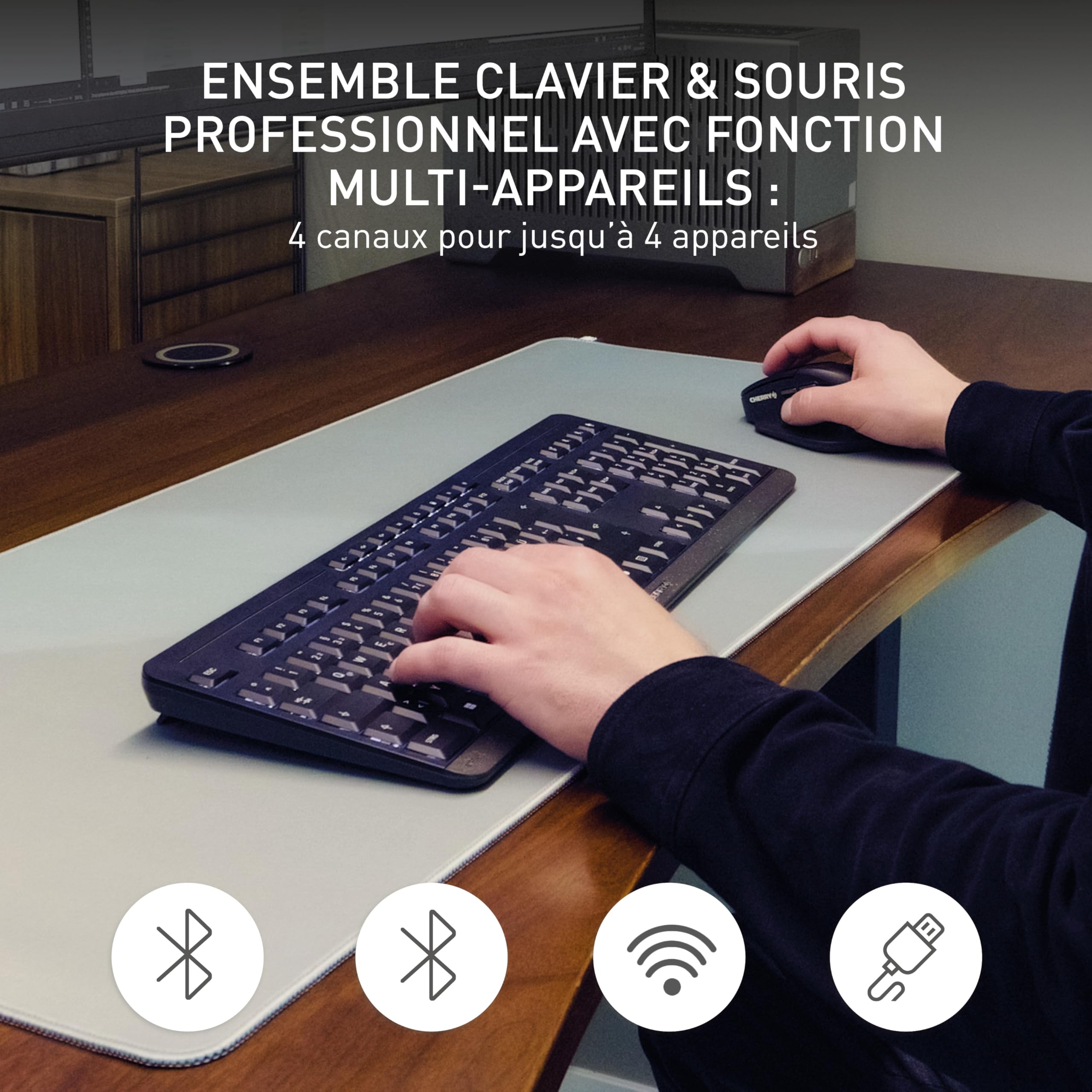 CHERRY Stream Desktop Ultimate, Ensemble Clavier et Souris Multi-Appareils sans Fil, Disposition Française (AZERTY), Souris Ergonomique pour Droitiers, Noir