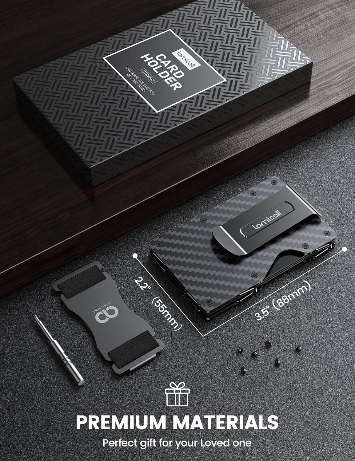 Lamicall Minimalist Carbon Fiber Wallet - Slim Metal RFID Blocking Card Holder with Mechanical Hinge (No Elastic) - Holds 15-20 Cards, Money Clip & Cash Strap Included - Front Pocket EDC Gear for Men - Image 6