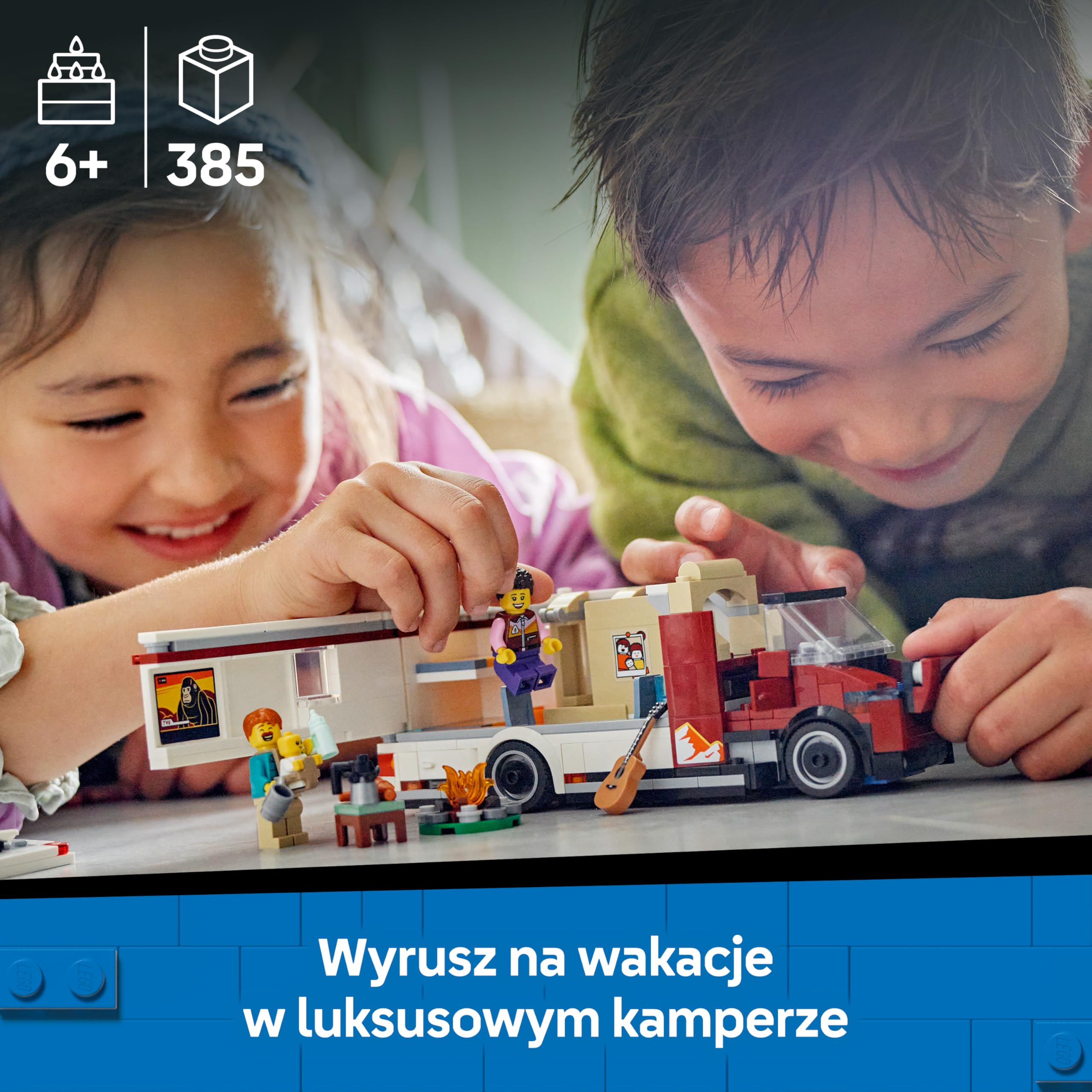 LEGO City Wakacyjny Kamper Pełen Przygód, Konstrukcyjna Zabawka dla Dziecka do Zbudowania, Pojazd z Minifigurkami i Akcesoriami, Kreatywny Prezent dla 6-latka, dla Chłopca i Dziewczynki, 60454
