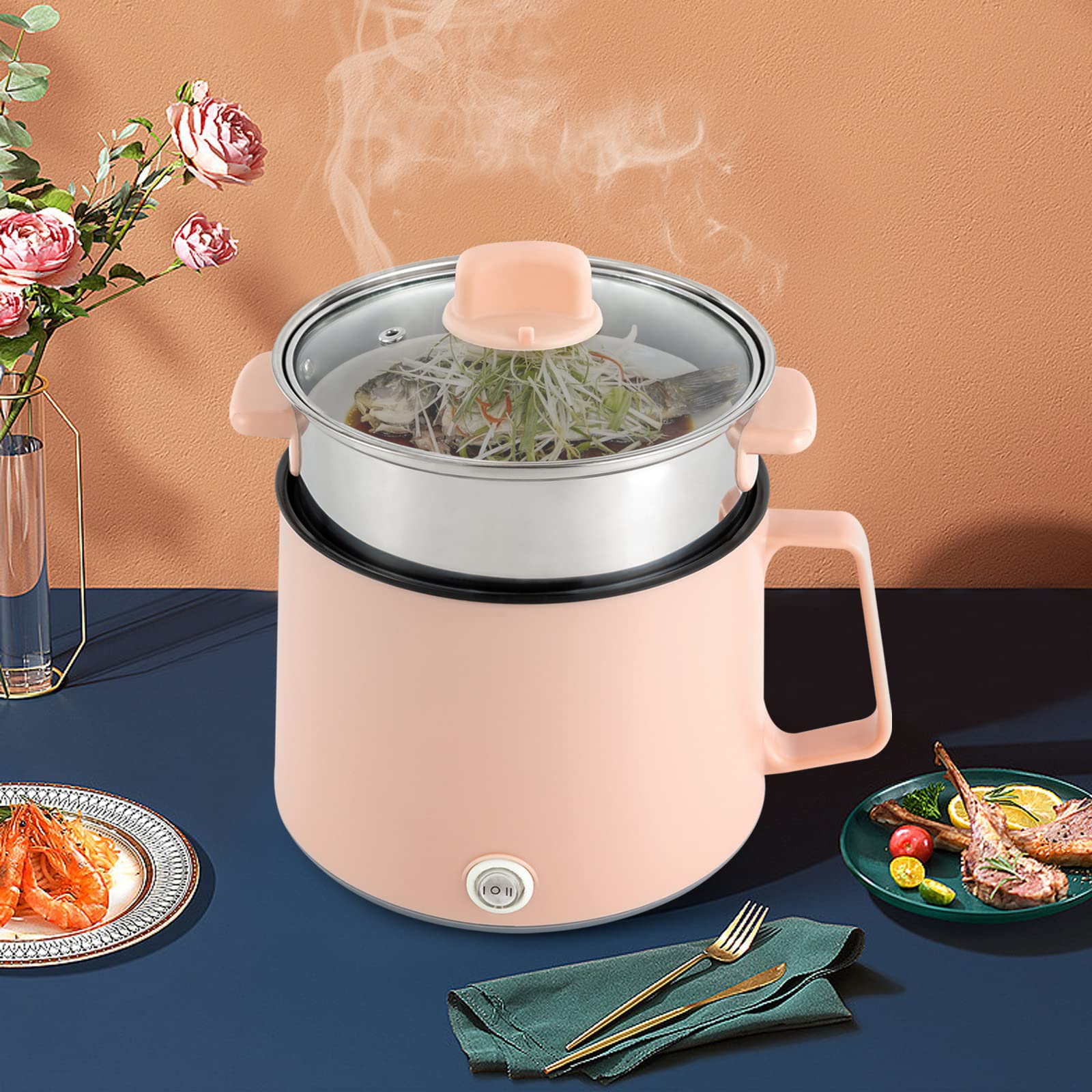 Olla de fondue eléctrica con cesta de vapor 1,7 litros olla de viaje portátil para cocinar sopa de fideos, adecuada para dormitorios, fiestas y viajes (rosa)