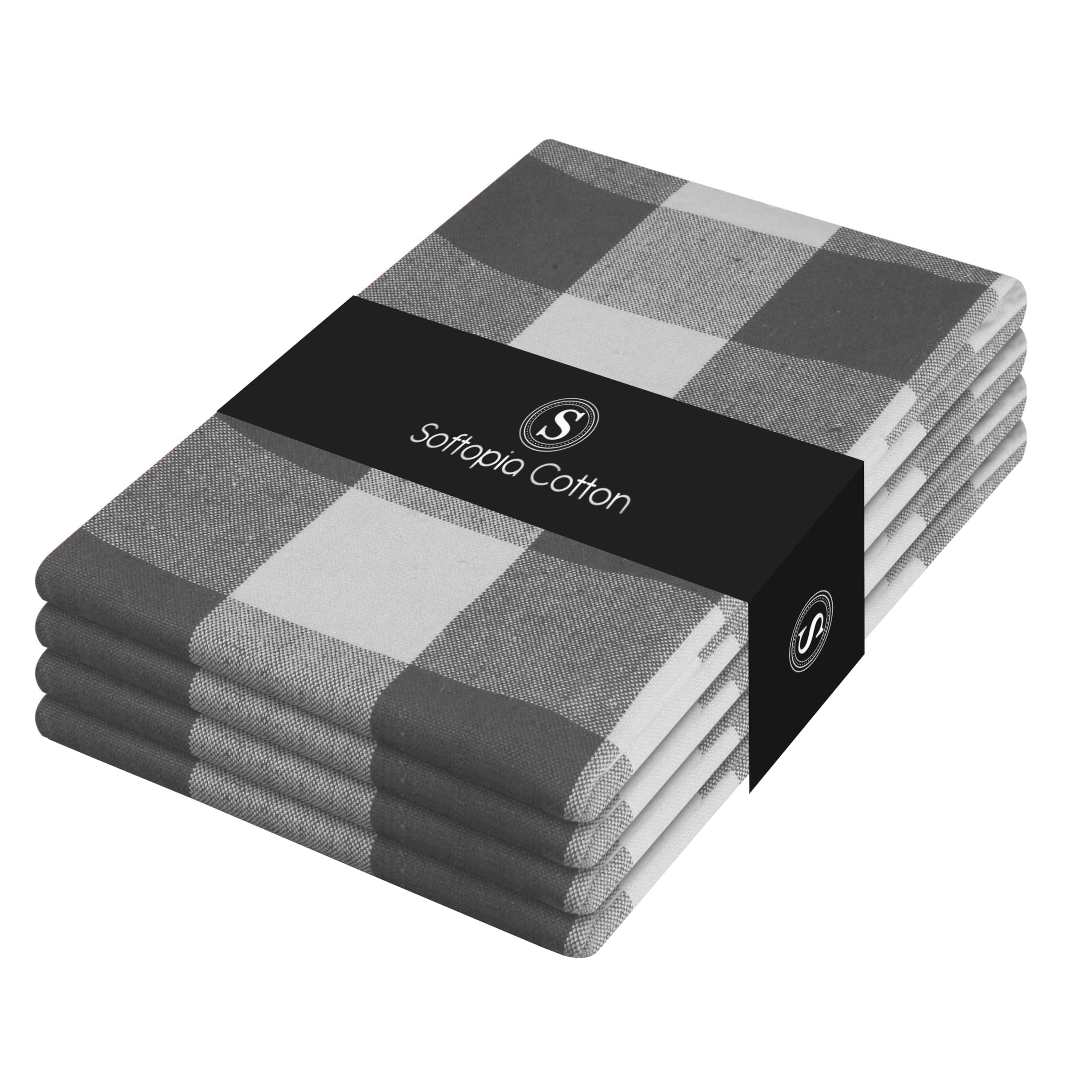 Grey Buffalo Check Plaid Kitchen Towels, 4 Pack, 100% Cotton, 16x26 Inches, Super Absorbent, Quick Dry, Soft, Lint-Free, Dish Drying &amp; Cleaning Towels with Hanging Loop, Gray White