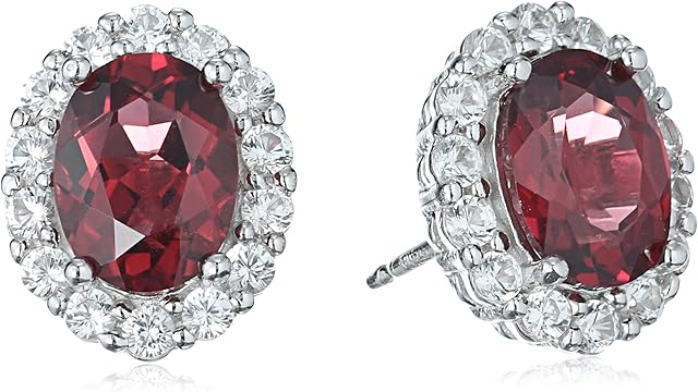 Amazon Collection Sterling Silver Gemstone and Created White Sapphire Halo Oval Stud Earrings