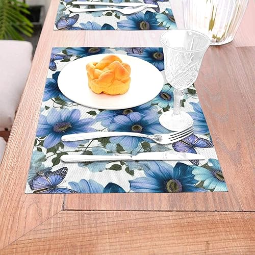 Miniatura 3 de 6 PCS PVC Placemats Set Place Mats Blooming Blue Daisy Non-Slip Weave Place Mats 12" x 18" Farmhouse Table Mat Set for Family Dinners Wedding Parties
