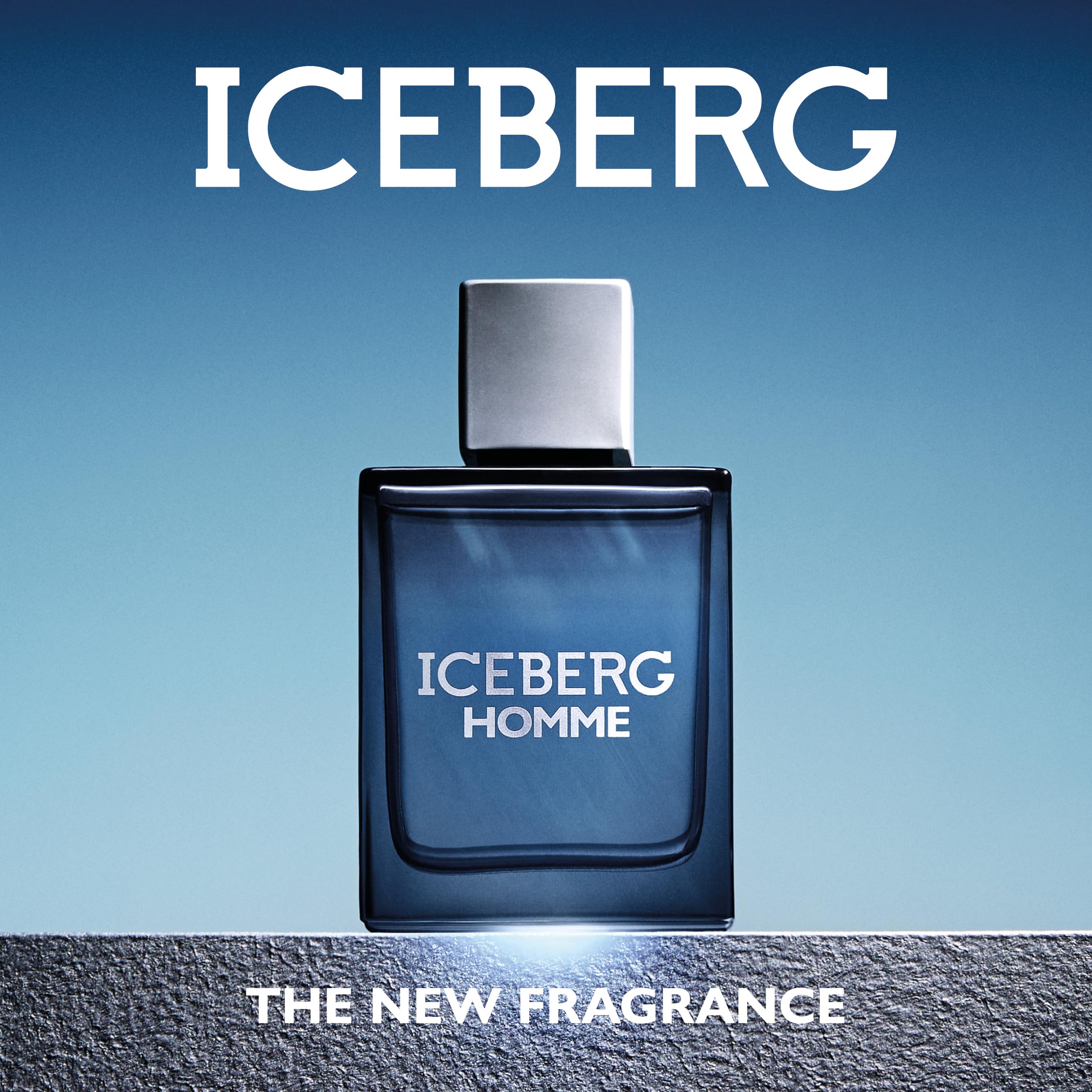 ICEBERG Homme woda toaletowa 200 ml, perfumy dla mężczyzn z nuty Fougère, cytrusowe i drewniane, luksusowa butelka z niebieskiego szkła, minimalistyczny i prostokątny design