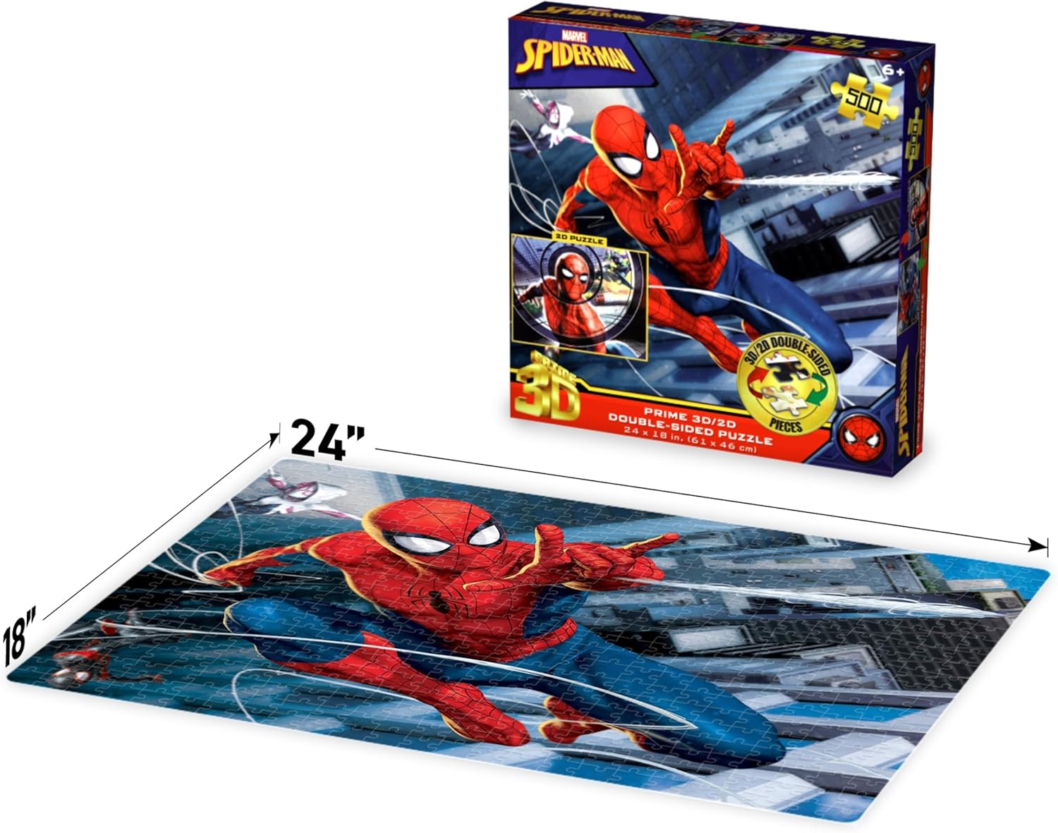 Prime 3D | Marvel | Spider-Man | 500 Piece 3D Jigsaw Puzzle for Adults & Kids | Finished Size 24" x 18" | Challenging & Fun for Adults, Kids & Families | Immersive 3D Lenticular Effect