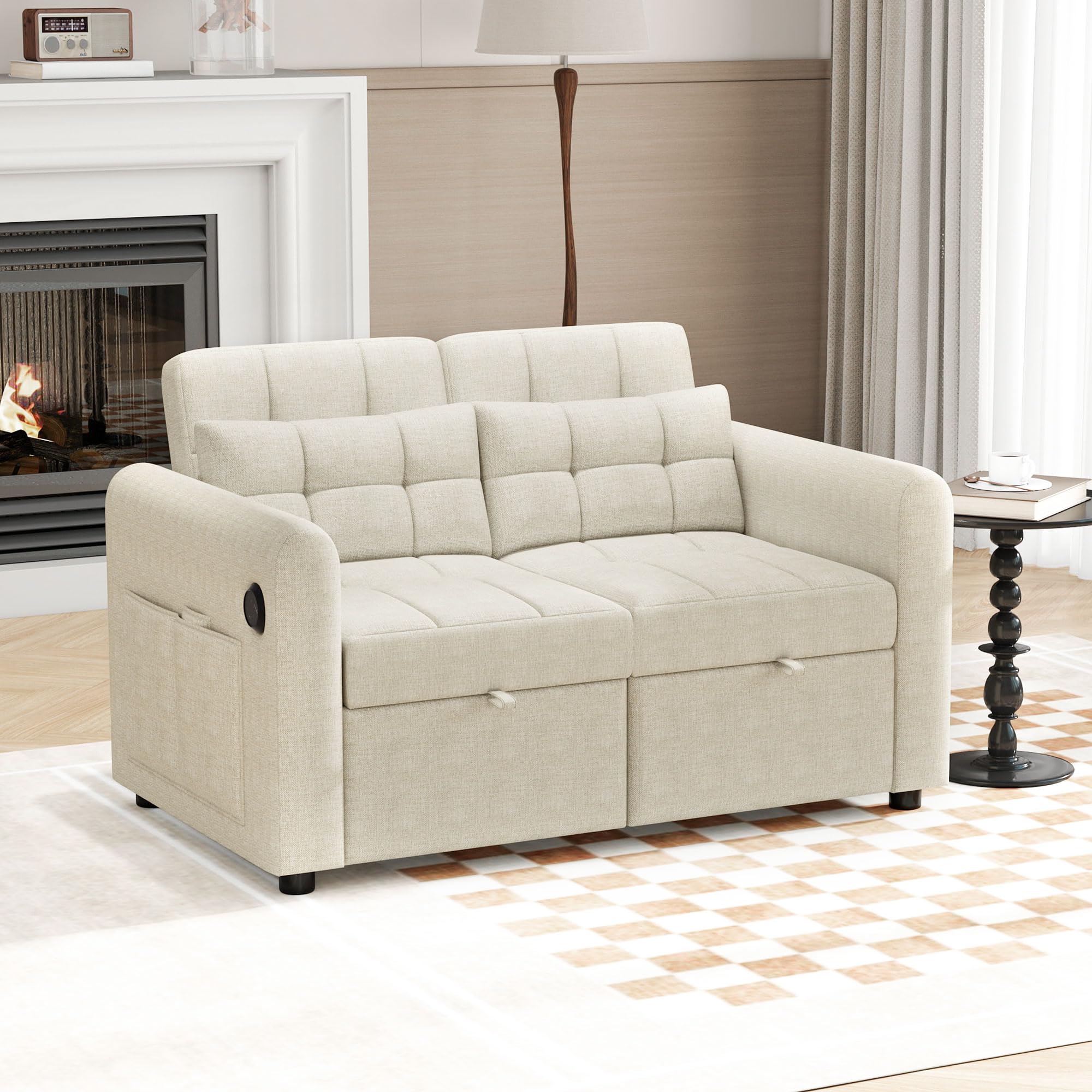 Azkoeesy Sofá Cama Extensible 3 en 1 de 2 plazas, sofá Plegable con Respaldo Ajustable y 2 Almohadas, Puerto USB, Bolsillo Lateral, para salón, Cine en casa, 142 x 83 x 85-172 cm, Tela de Lino, Beige