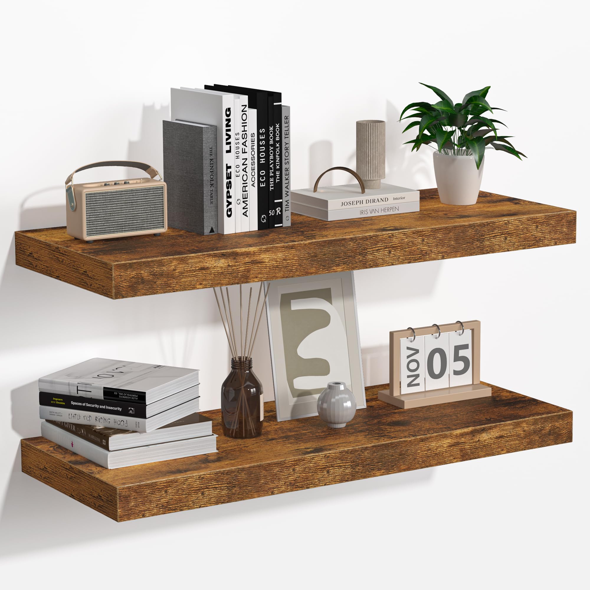 Floating Shelves - 2 Pack 9 Inch Rustic Wooden Wall Shelves - Extra Deeper & Thicker Wall Mounted Storage Shelf for Living Room, Kitchen, Farmhouse - 24" W x 9" D x 1.6" H - Rustic Brown