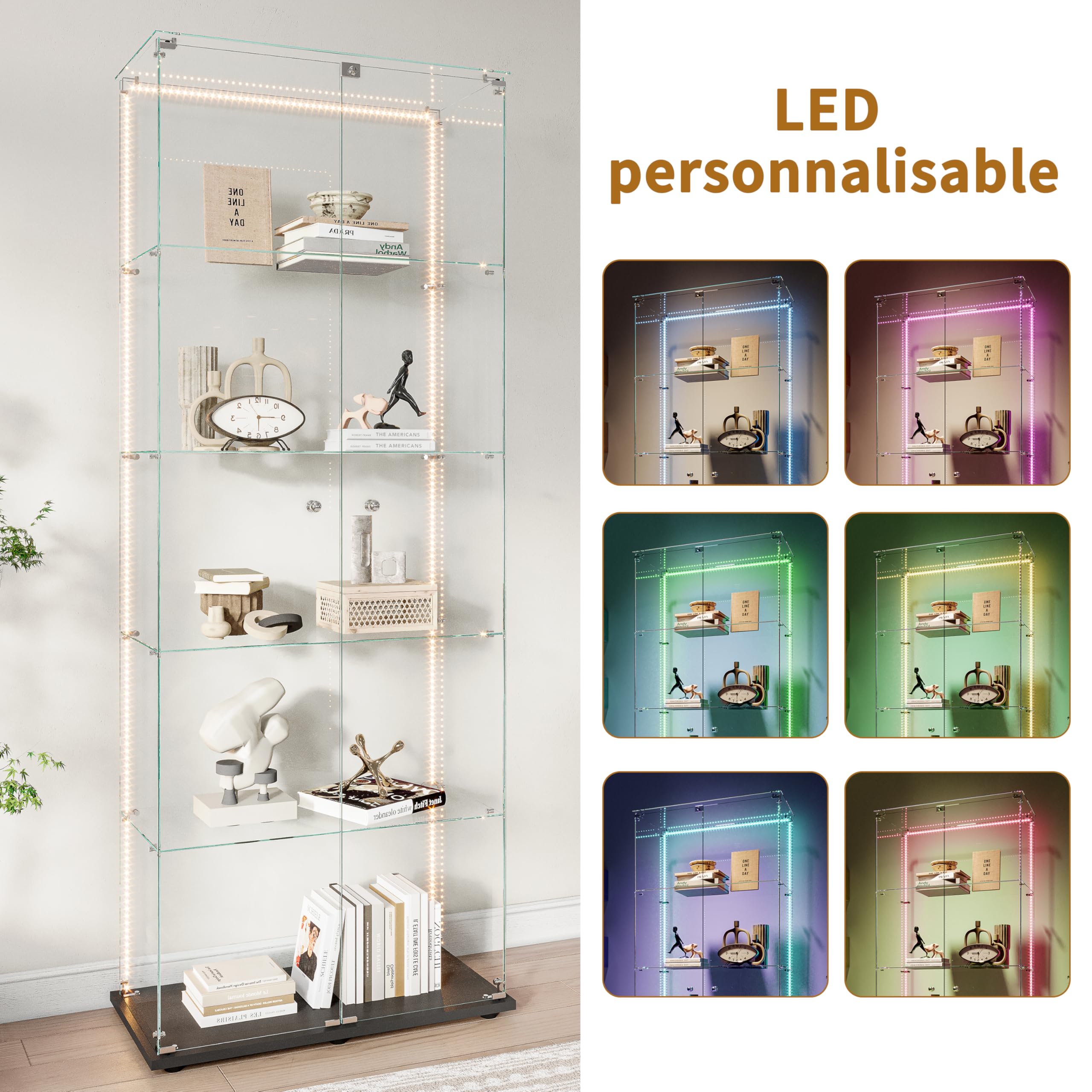 Vitrinas, vitrinas de cristal, armarios verticales de cristal, aptos para salones, dormitorios, oficinas (2 puertas, 5 pisos, negro + LED)
