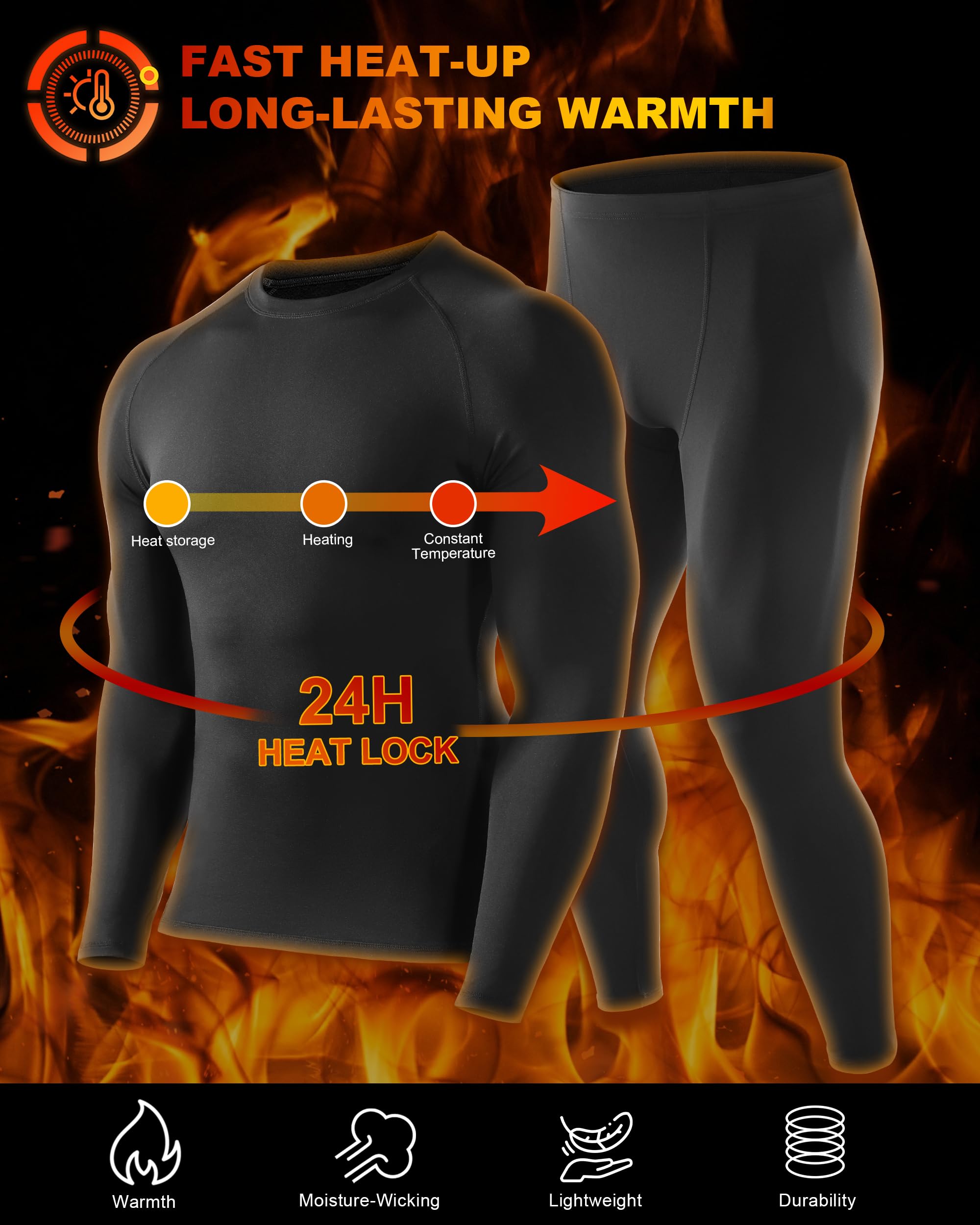 Mens Thermal Underwear Set - Fleece Lined Long Johns Thermals Top and Bottom Base Layer for Cold Weather Winter Ski