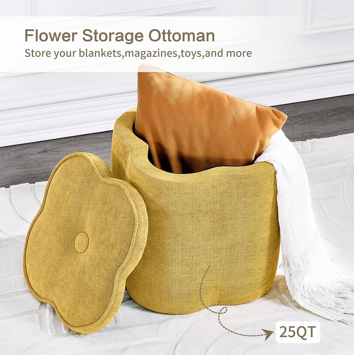 Crestview Collection 18" Flower Foot Rest Ottoman with Storage,Chenille Fabric Pouf Ottoman for Home Decor, Vanity Stool, Extra Seating for Living Room, Bedroom, Entryway, Spice Yellow