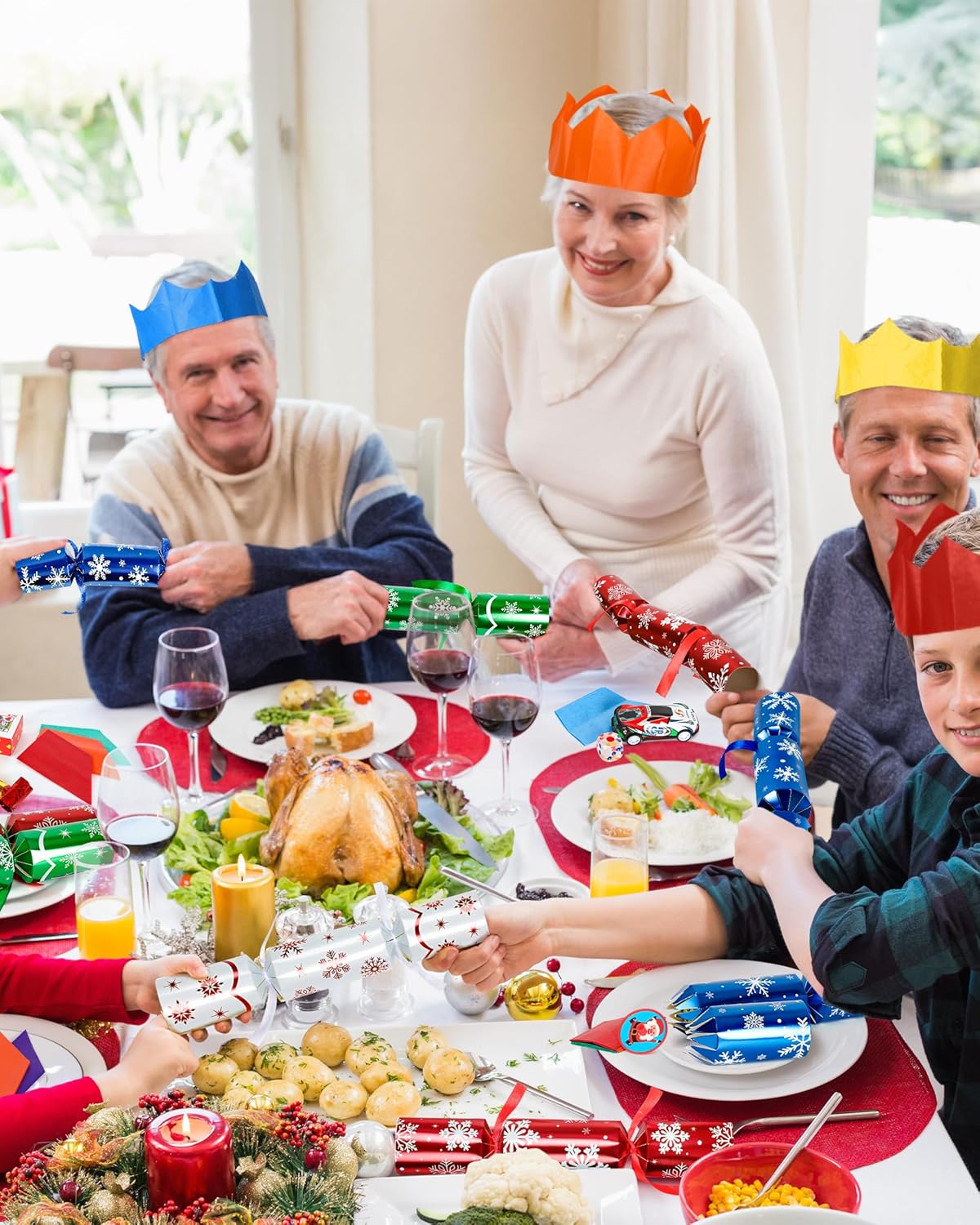 Melisheer Christmas Crackers, 12 Pack No Snap Christmas Party Favors with Snowflake Design, Xmas Poppers with Crown and Joke, Perfect for Christmas Gifts Xmas Table Holiday Party Supplies