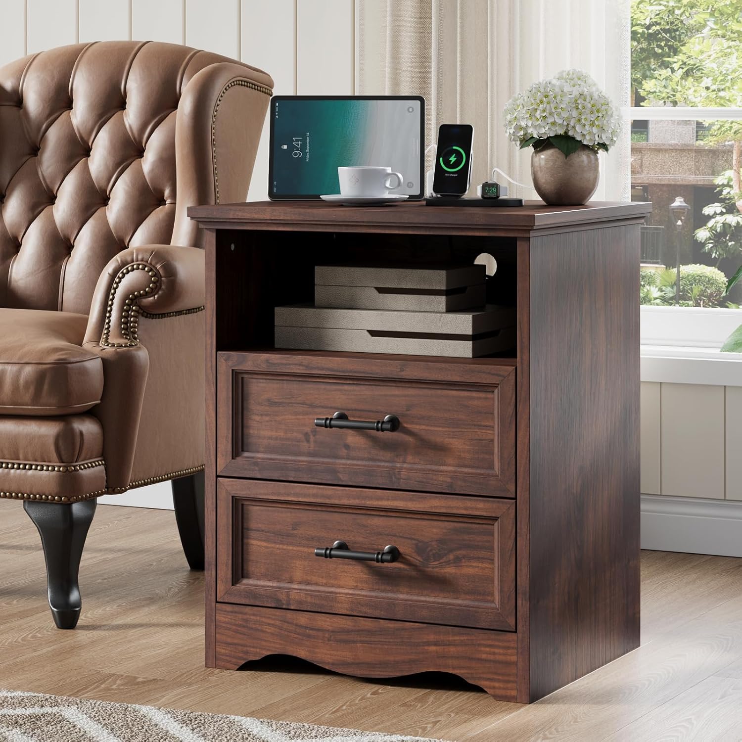 Set of 2 Farmhouse Nightstands with Charging Station, Walnut End Tables with 2 Drawers Storage, Space-Saving Wood Storage Cabinets with Unique Base Design, Bedside Tables for Bedroom, Living Room