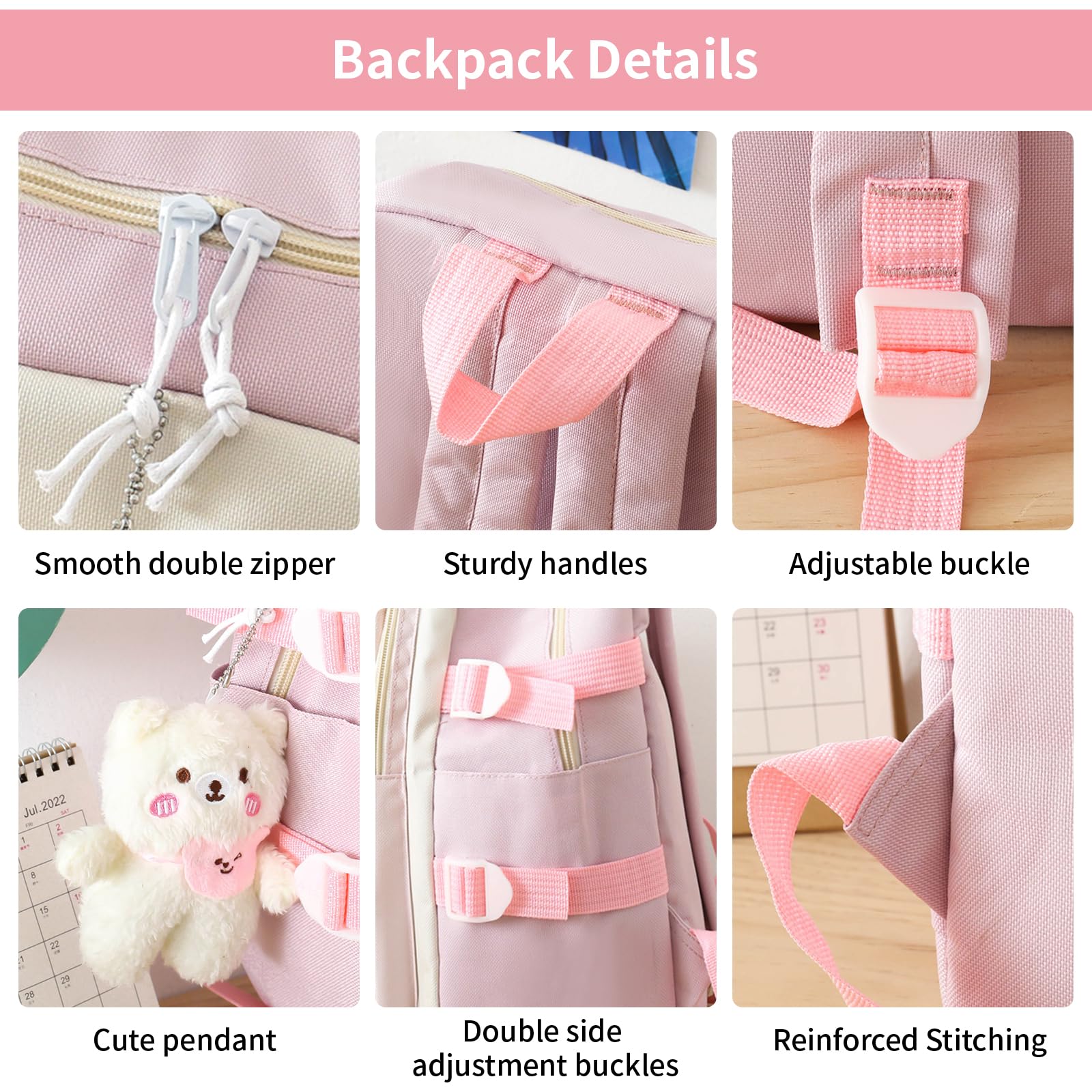 IvyH Cartable Fille Primaire 5 pièces, Sacs à Dos pour Filles 8-16ans, Sets de Sacs Scolaires avec Sac à Provisions Trousse à Crayons, Sac à Dos Voyage Kawaii 45cm, Rose