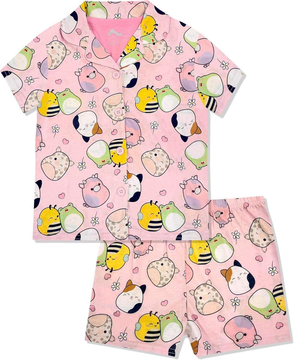 Squishmallows Girls Pajama Set - 2 Piece Cozy Girls Pjs with Button Down Short Sleeve & Shorts For Kids - Official Product