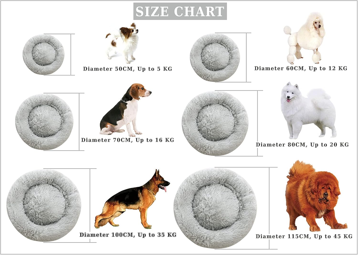 Calming Donut Dog Beds, 45 inches Round Cushion with Removable Washable Cover, Anti-Anxiety Faux Fur Cuddler, Fluffy Comfy Furry Pet Bed (Silver, 45")
