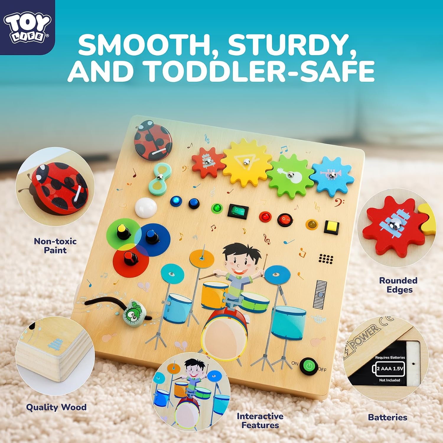 TOY Life Montessori Wooden Busy Board for Toddlers, Baby Fidget Boards with LED Light Switches, DJ Music Game, 4 Gears, Sensory Toys Light Switch Travel Toys for 1+ Year Old Baby and Toddler