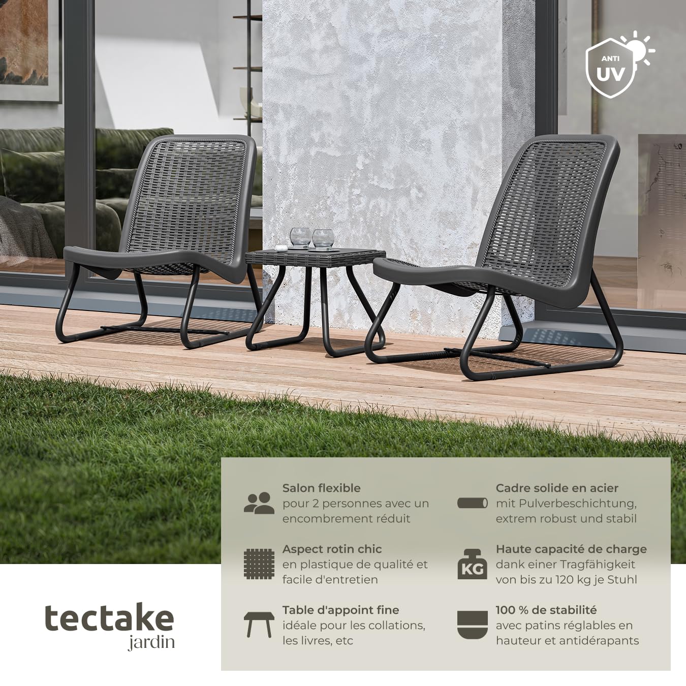 tectake® Salon de Jardin Exterieur en Poly Rotin & Acier laqué époxy 2 Personnes Ensemble Fauteuil Salon & Table de Jardin, Mobilier pour Amenagement Balcon Terrasse Veranda