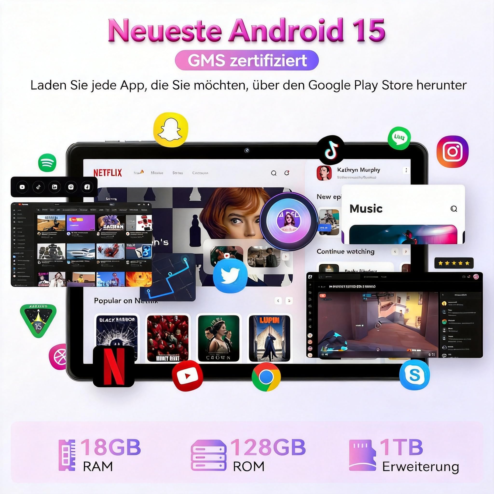Tablet Android 15 10 Pollici, 18GB RAM (6+12) + 128GB, Octa-Core T30, 1TB Espandibile, WiFi 6, Batteria 6000mAh, Display IPS HD, Widevine L1, GPS, Tablet per Streaming, Grigio