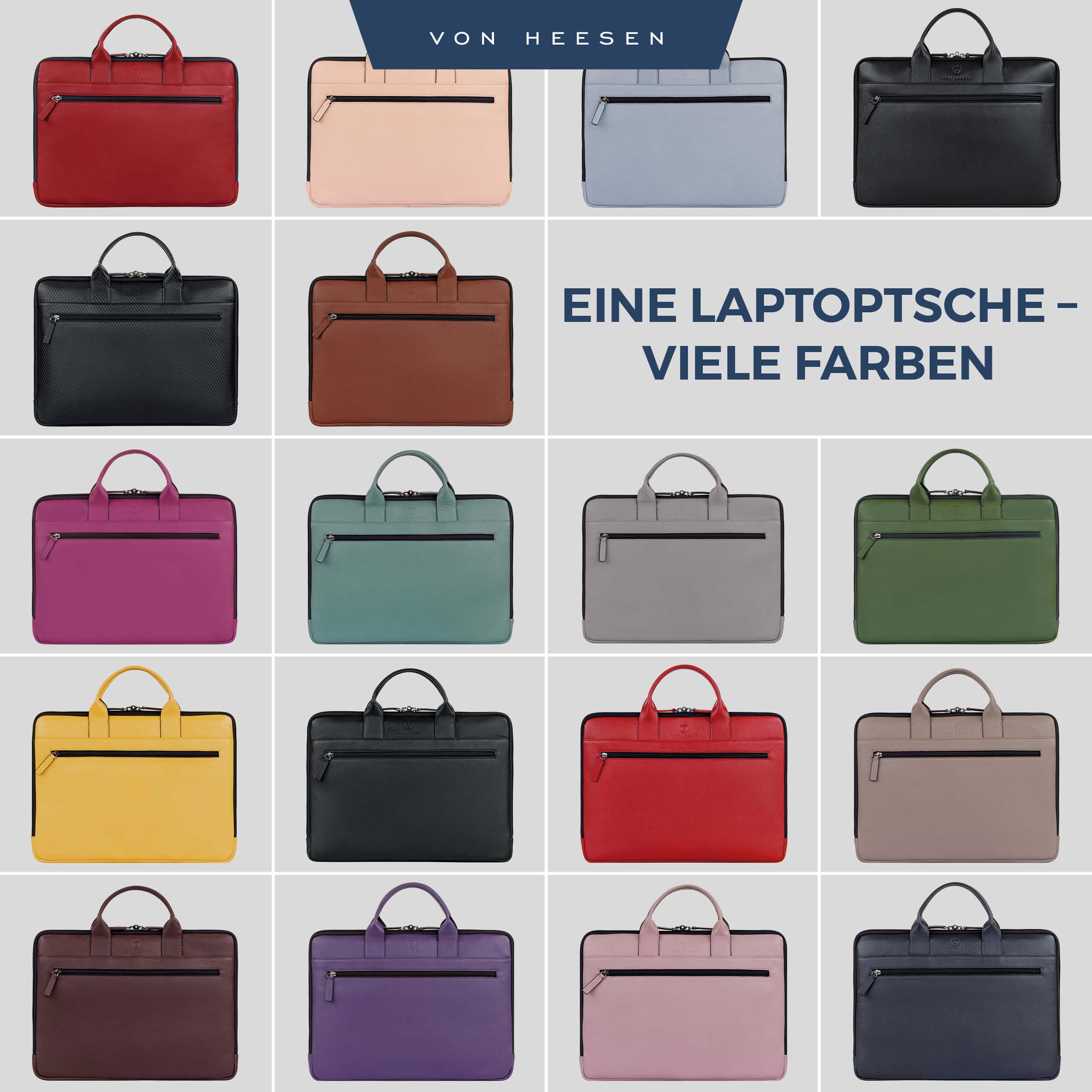 VON HEESEN Leder Aktentasche Laptoptasche bis 16 Zoll aus hochwertigem Nappa-Leder