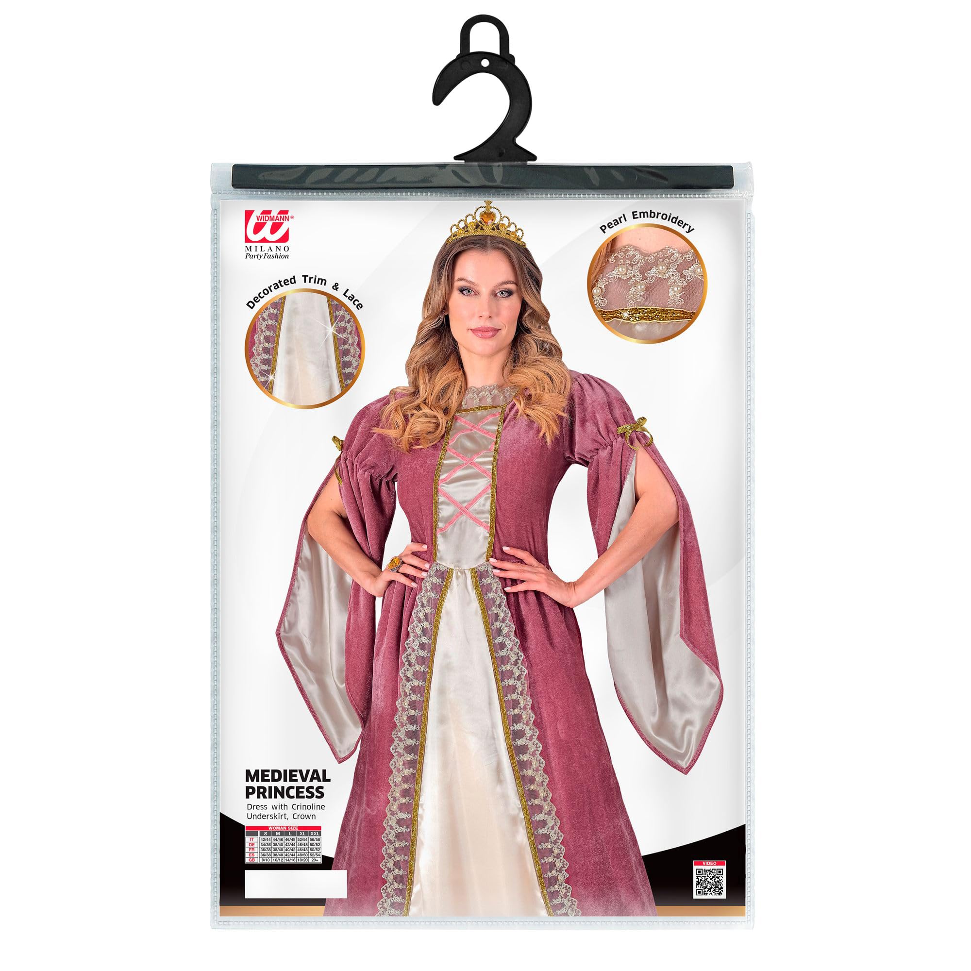 W WIDMANN MILANO Party Fashion - Kostüm Mittelalter Prinzessin | Kleid mit Unterrock und Krone, Königinnen-Look für Märchen, Mittelalter, Karneval, Mottoparty