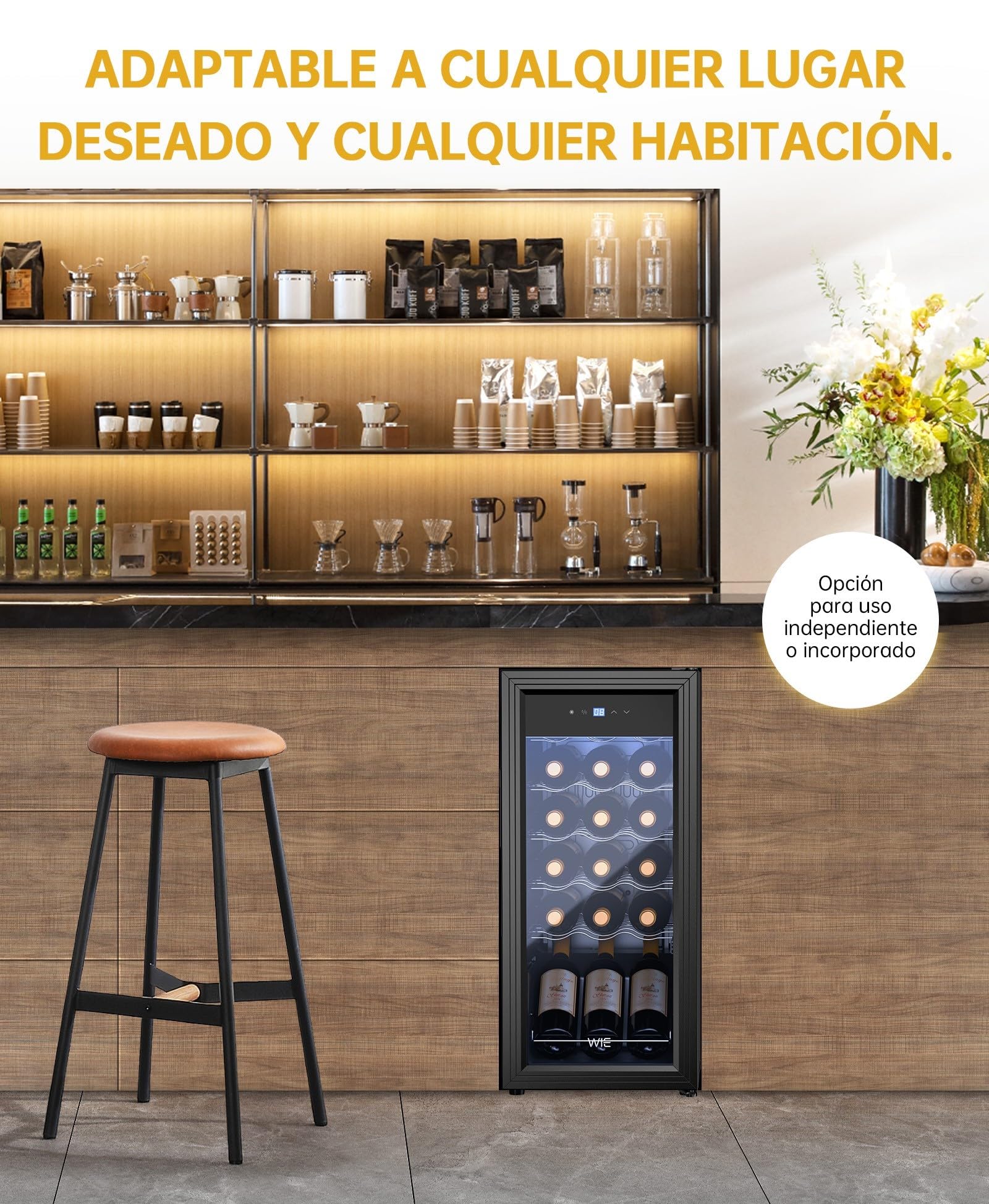 WIE Vinoteca, 18 Botellas Nevera Vinos, 53L Vinoteca Pequeña, Protección UV, Control Táctil, Iluminación LED, 5-18°C, para Vino Tinto, Vino Blanco, Cerveza, Bar Interior/Cocina/Hotel