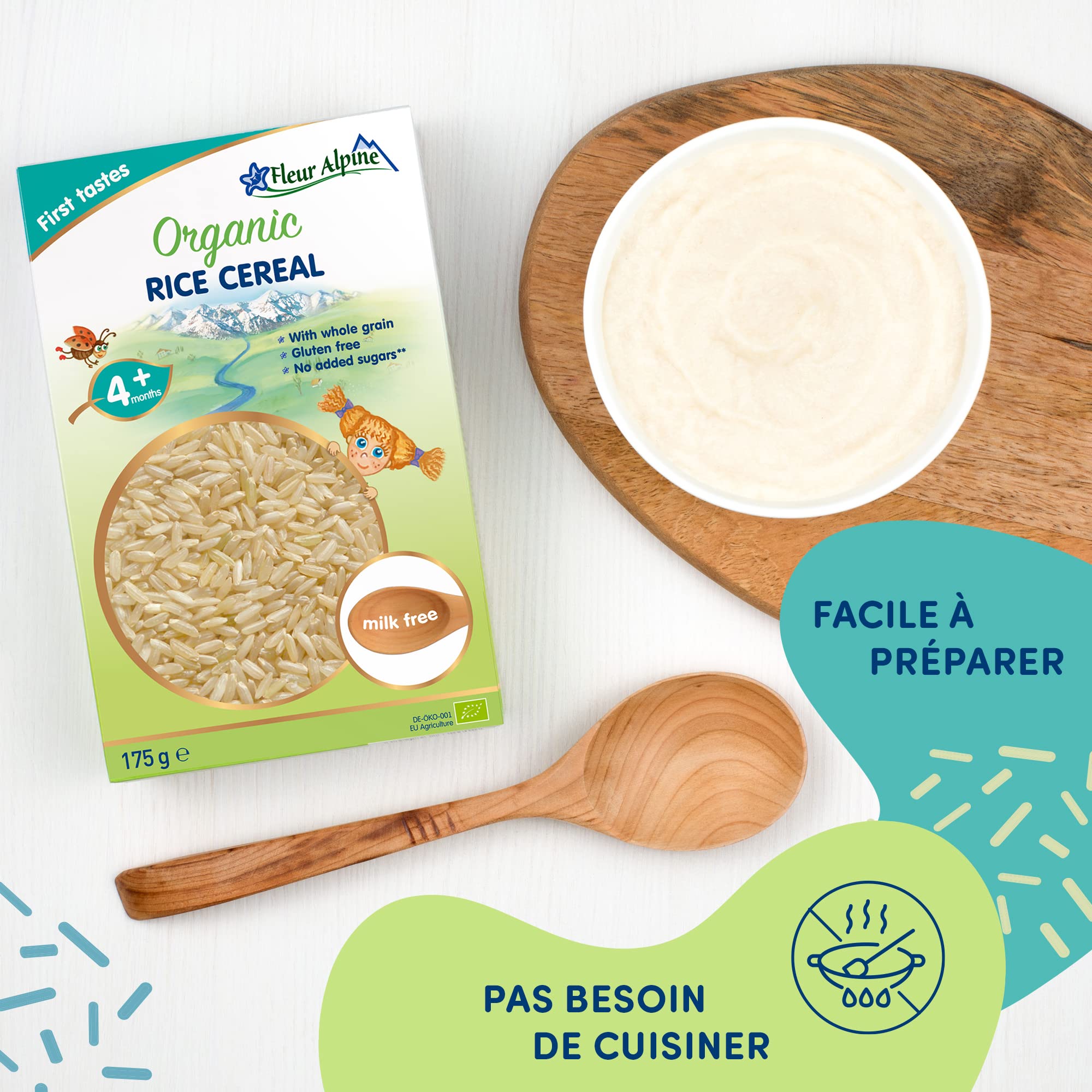FLEUR ALPINE Bouillie Bébé | Lot de 2 Céréales pour Bébés au Riz Biologique - Bouillie de Délicieux Petits Déjeuners | Porridge Nutritif sans Gluten 4+ Mois sans Sucres Ajoutés | 2x7 Portions