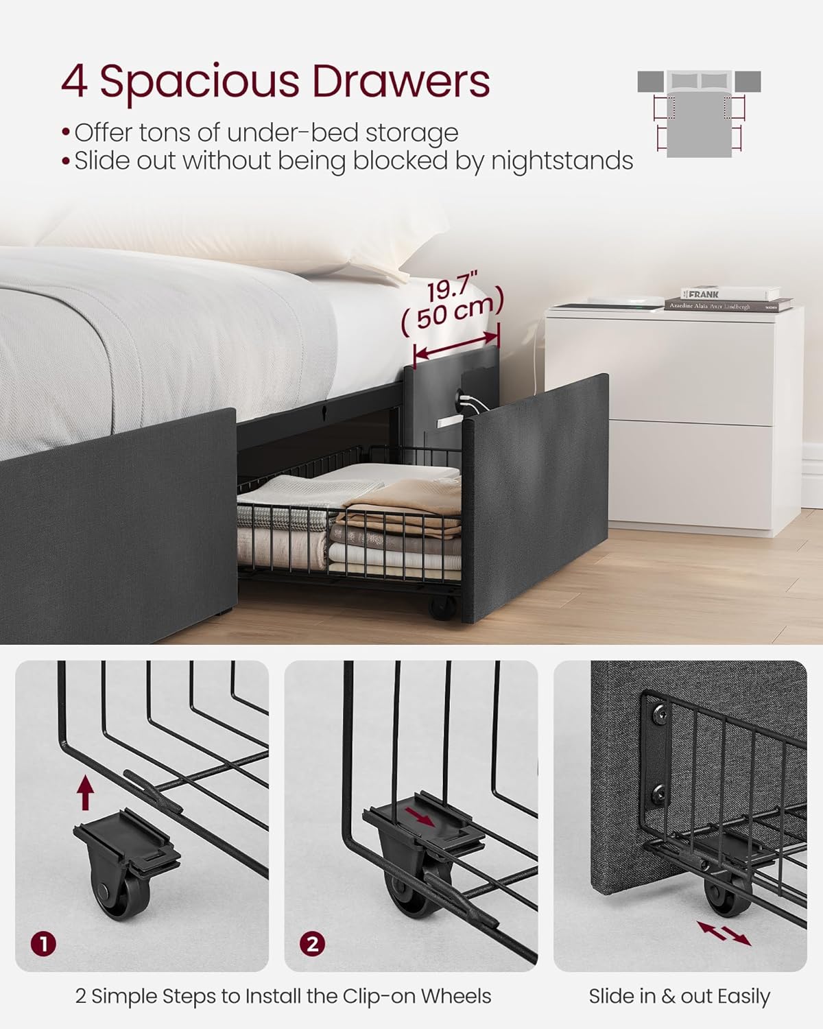 VASAGLE LED Bed Frame Queen Size with 4 Drawers and Charging Station, Queen Bed Frame with 1 USB Port and 1 Type C Port, Steel Slats, No Box Spring Needed, Dark Gray URMB831G71