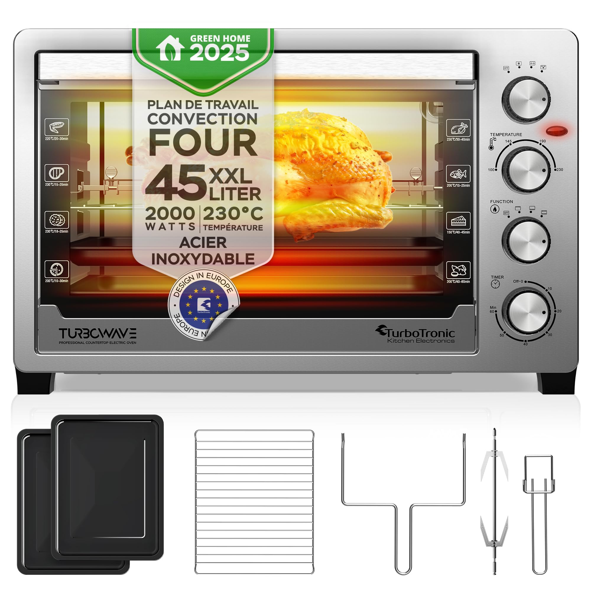 TurboTronic EVS45, Four électrique 45 L, Four posable à chaleur tournante, Mini four, 2000 W, 230°C, Argent