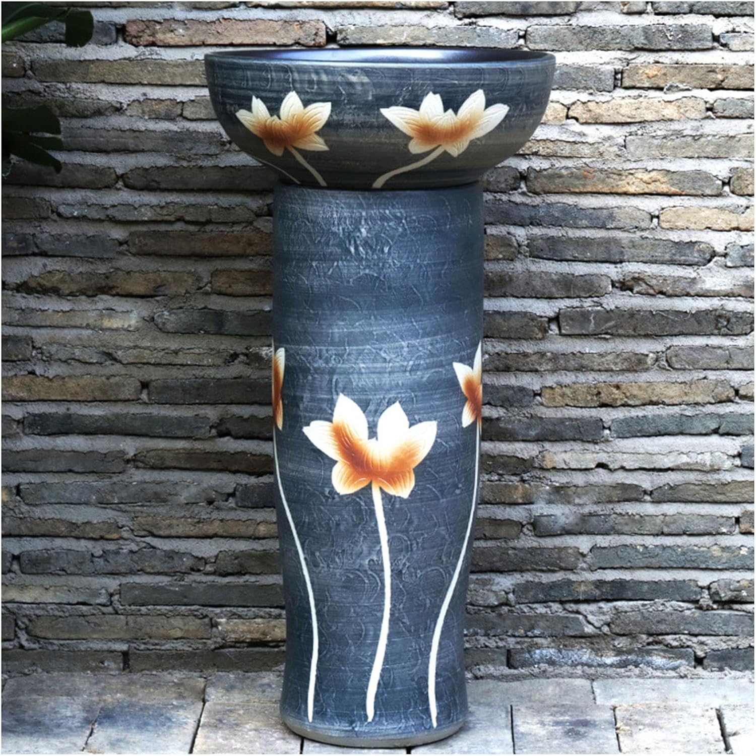 Ceramic Bathroom Sink Ceramics Pedestal Sink Combo, Freestanding Bathroom Console Sink, Hand-Carved Bathroom Sink for Hotel Restaurant, for Indoor and Outdoor,2 Piece Set