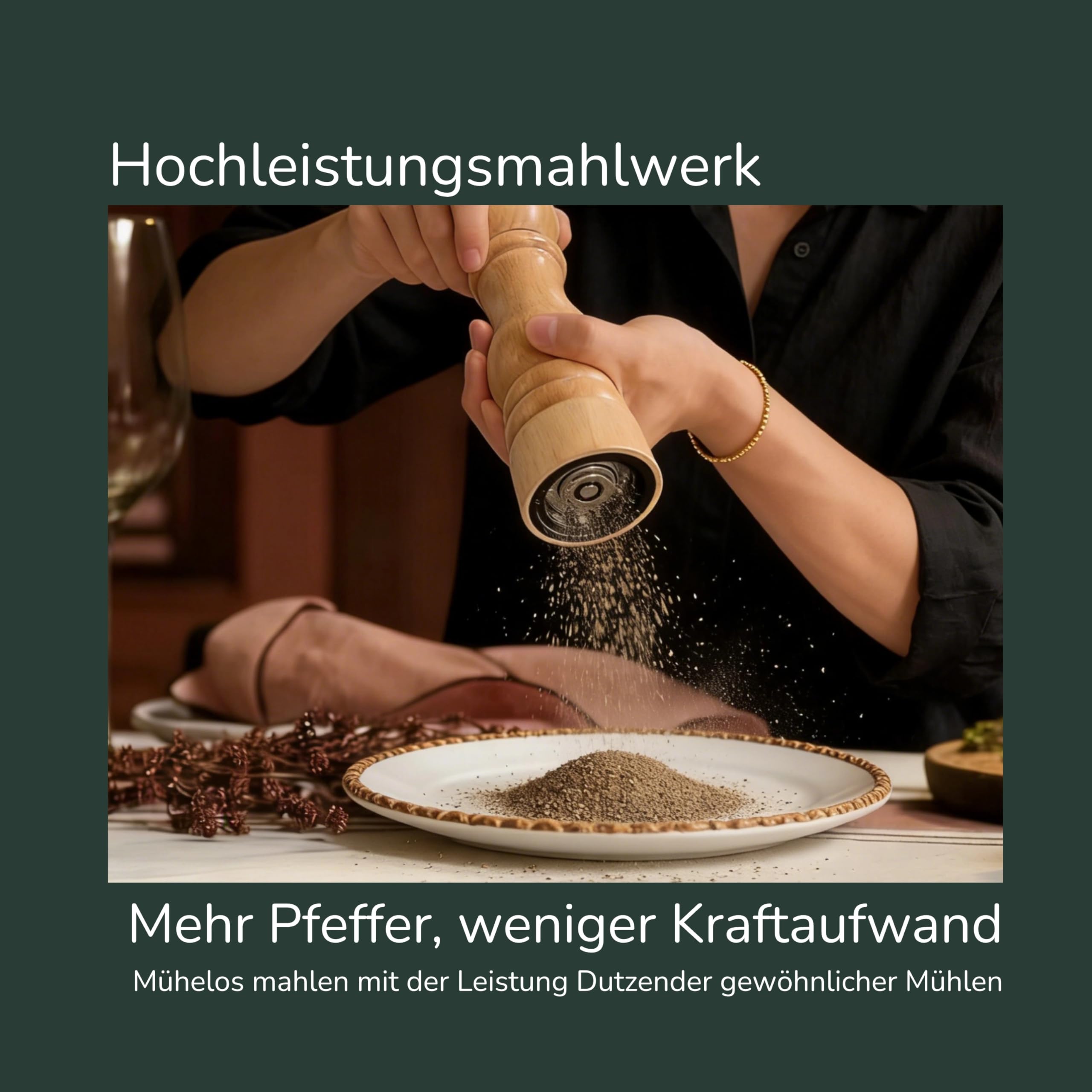 Salz und Pfeffermühle Holz Set, Pfeffer und Salzmühle mit Keramikmahlwerk & Edelstahlkern, Außen einstellbarer Mahlgrad, Manuelle Pfeffermühle, 23 cm (Akazienholz)