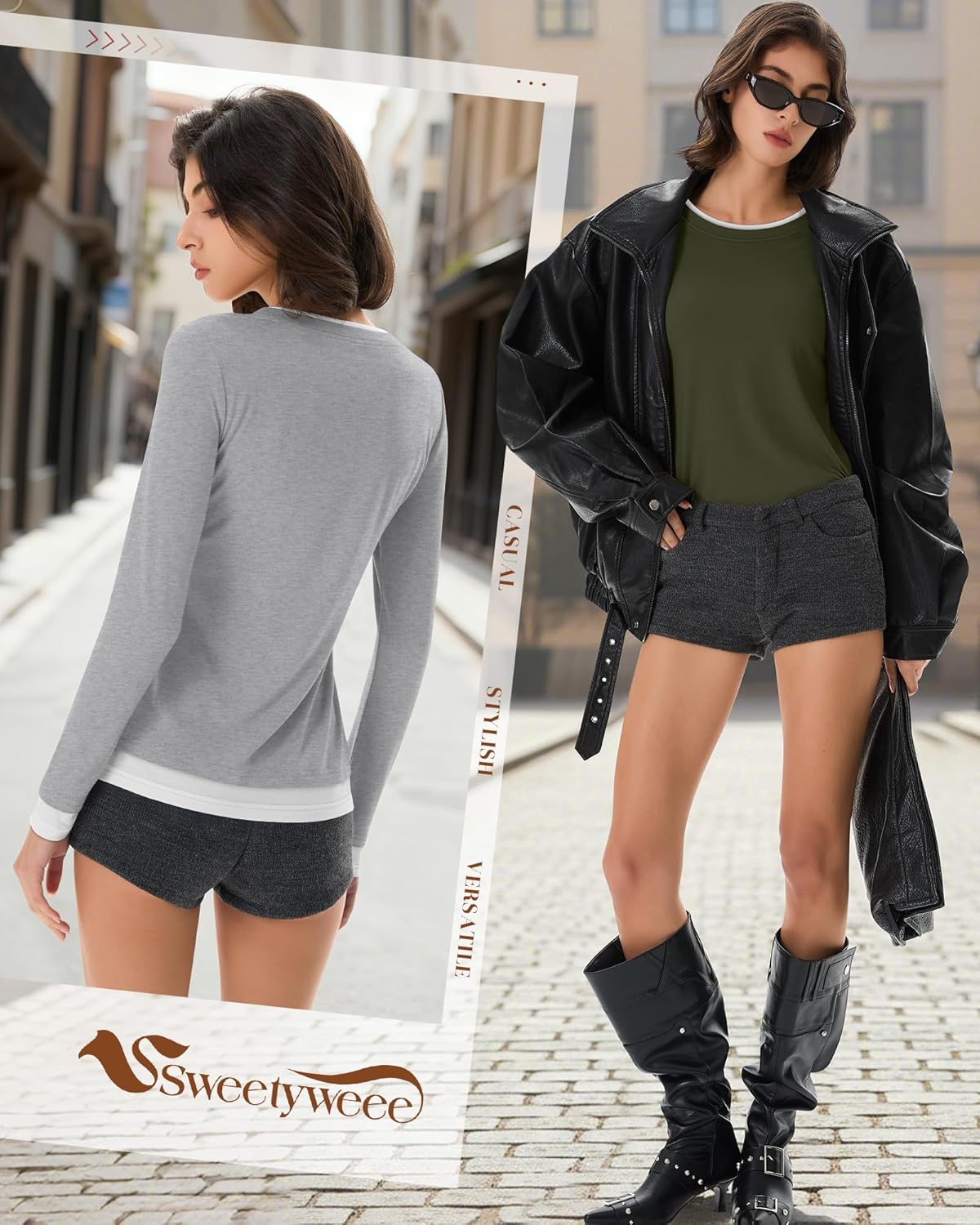 3 Pack Women's Long Sleeve Tops Patchwork Crewneck Fake Two Pieces Slim Fit Shirts Color Block Y2k Aesthetic Tee - Image 6