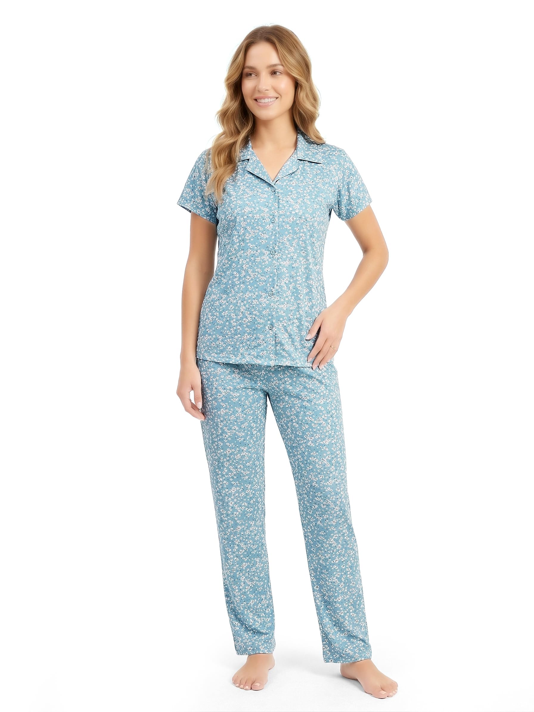 Women’s Floral Print Night Suit Set | Soft Cotton Blend Short Sleeve Button Down Sleepwear with Long Pyjama Pants | Comfortable Ladies Nightwear-picture-16