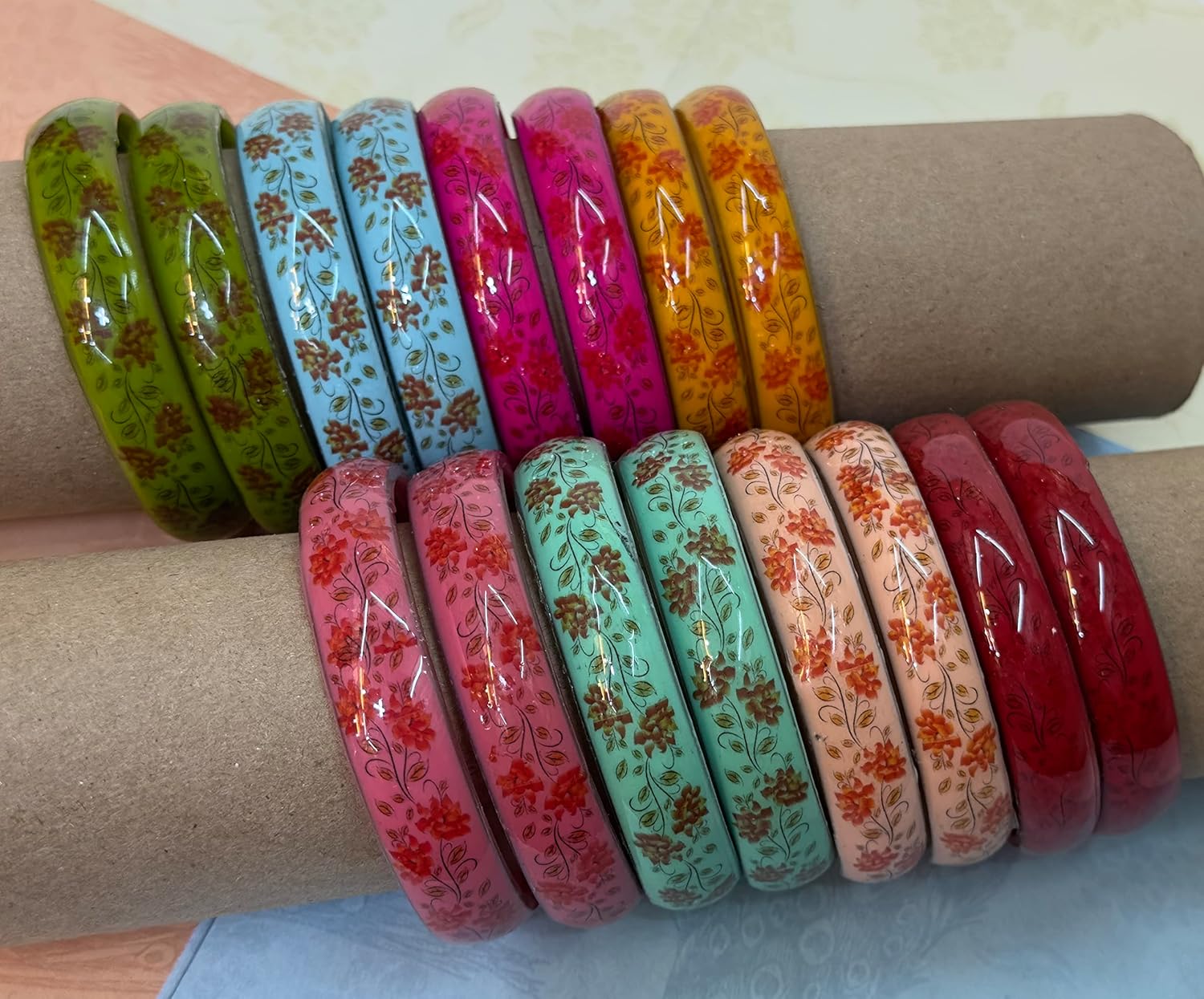 Adorable Simple Plane Printed With Laminated Indian Glass Bangles, Kangan, Kada For Girls (Pack of 16 Bangle)