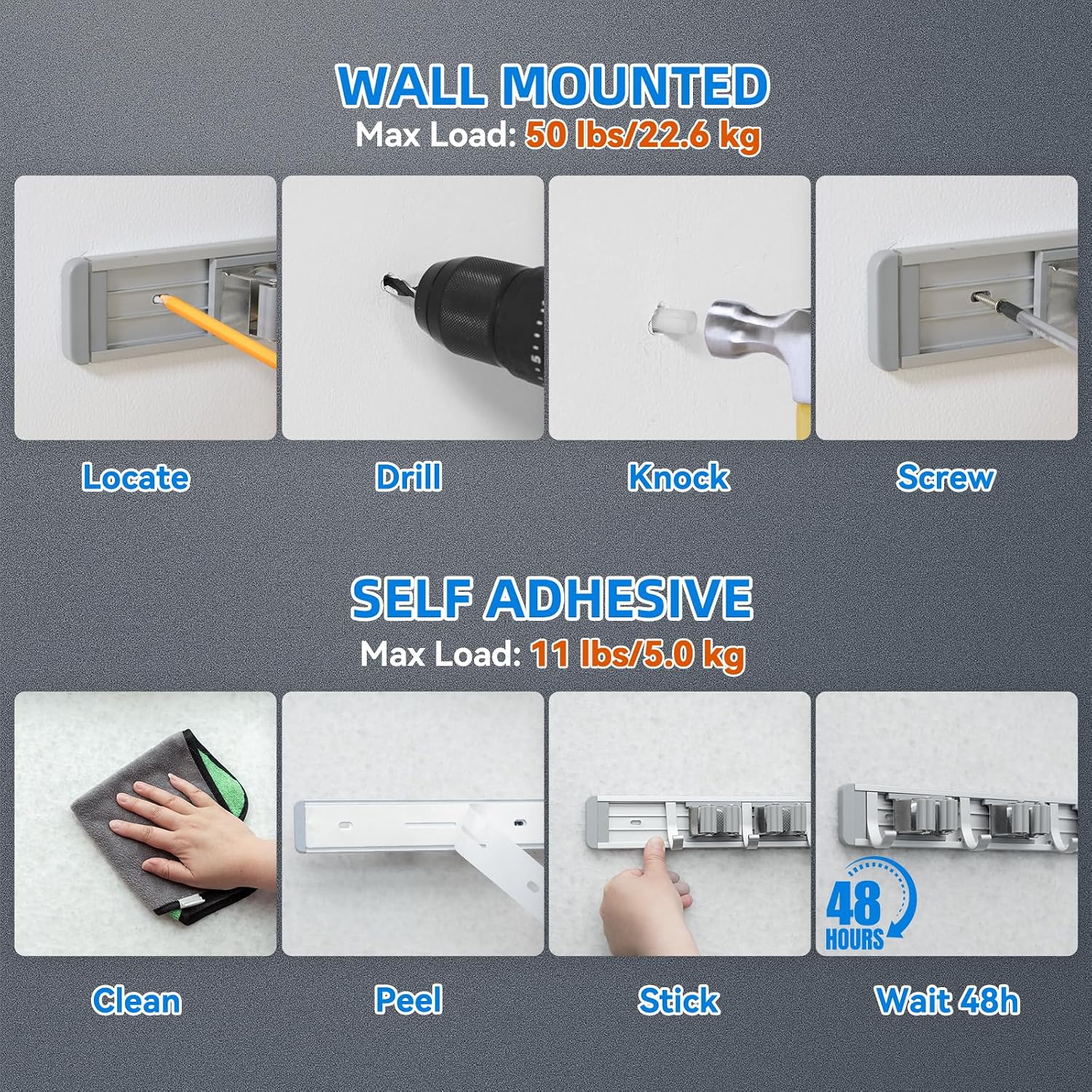 reliahom Broom Holder Wall Mount Mop Hanger Tools organizer 4Racks 5Hooks