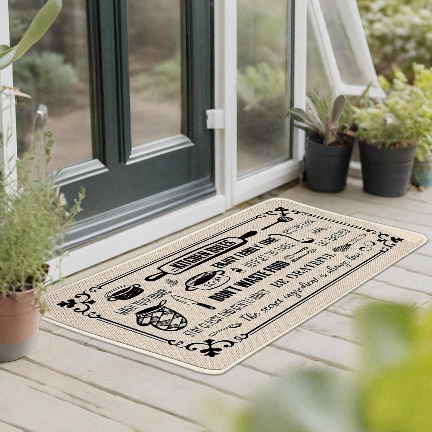 Vintage Kitchen Rules Kitchen Rugs Set of 2, Retro Cooking Tools Quotes Floor Mats Home Decor, Farmhouse Door Mat Decorations - 17x29 and 17x47 Inches