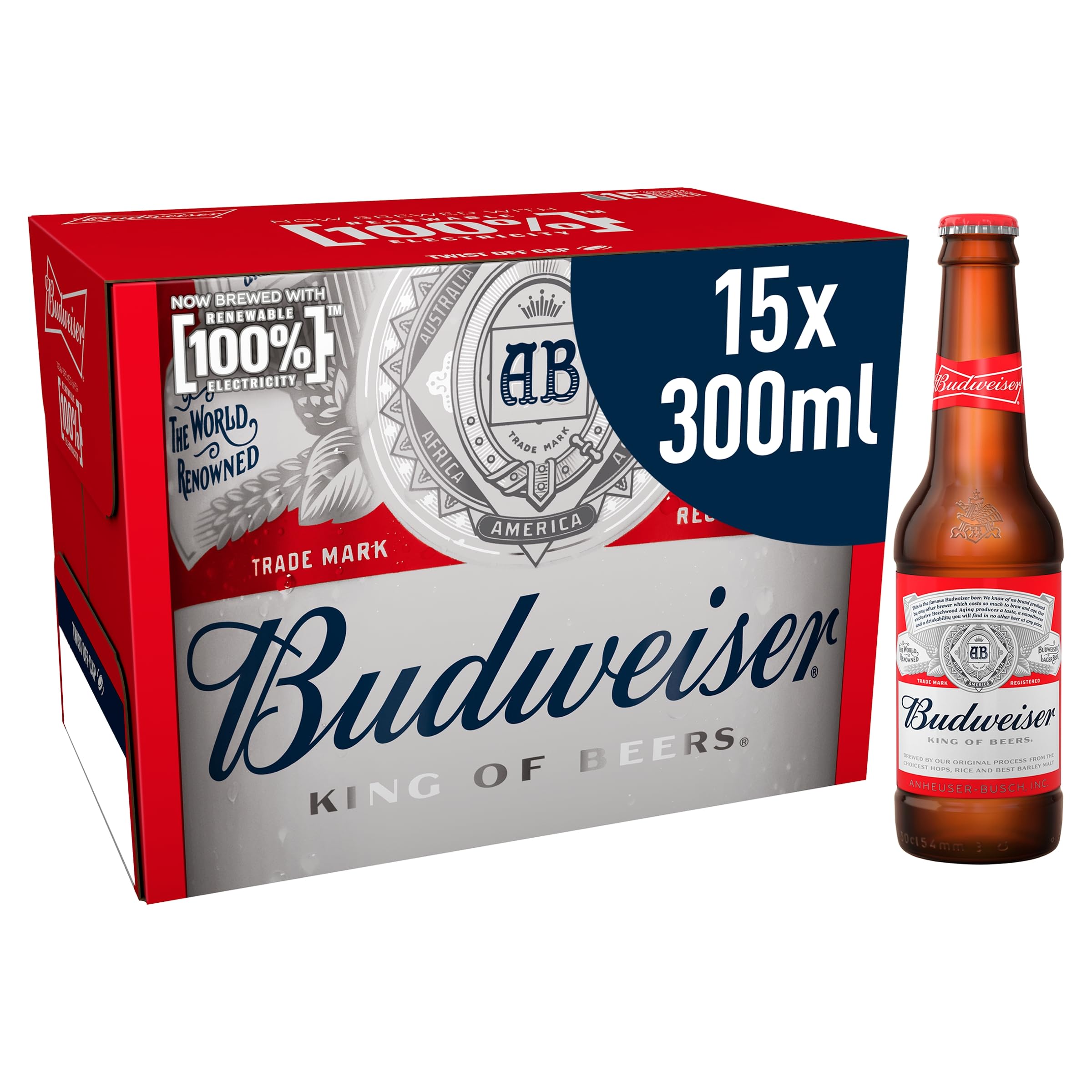 Budweiser Lager Beer Bottles, 15 x 300 ml