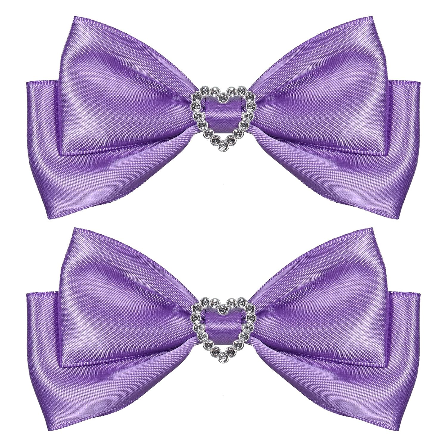 Purple Satin Hair Bow Clips, Christmas Valentine School Hairpins with Heart Rhinestones,Handmade Bowknot Hair Accessories for Kids Girls New Year Decor