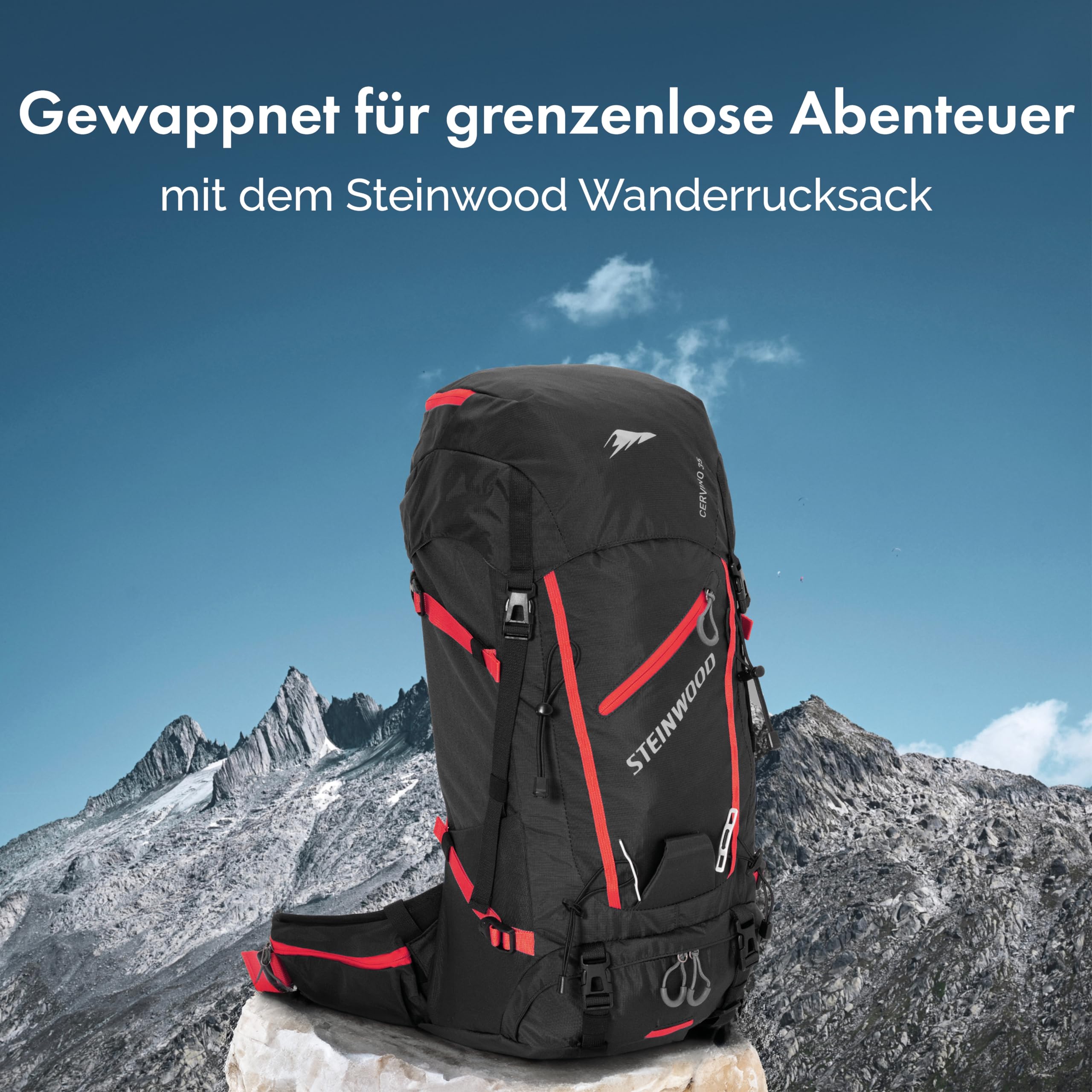 Steinwood Wanderrucksack Herren & Damen 35L - Outdoor-Rucksack, Reiserucksack, Tagesrucksack wasserabweisend mit Regenschutz und Rückenbelüftung, schwarz