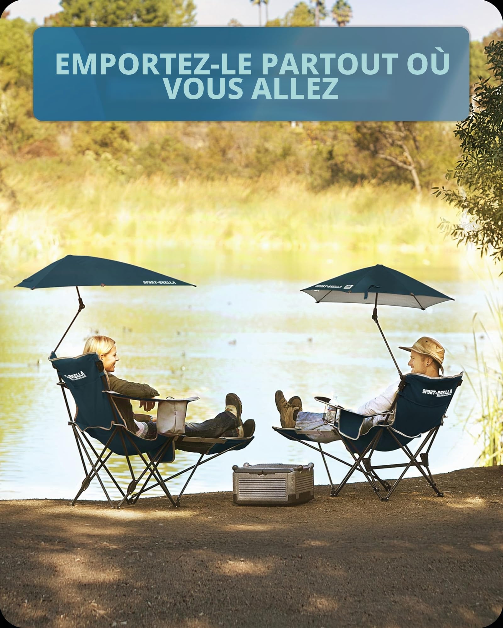 Sport-Brella Chaise Pliante Fauteuil inclinable Fauteuil de Relaxation à 3 Positions avec Parapluie Amovible, Bleu Nuit