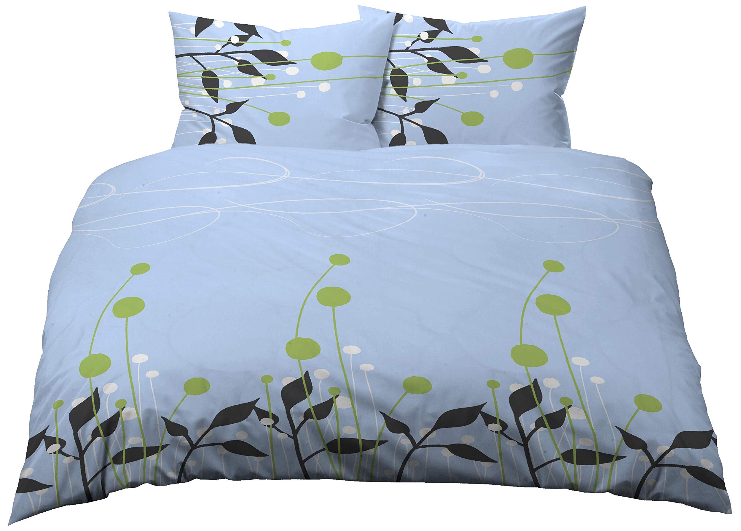 Juego de cama de 3 piezas Renforce, 100% algodón, ropa de cama de plaza y media, flores, azul, verde antracita, 200 x 200 cm + 2 x 70 x 90 cm