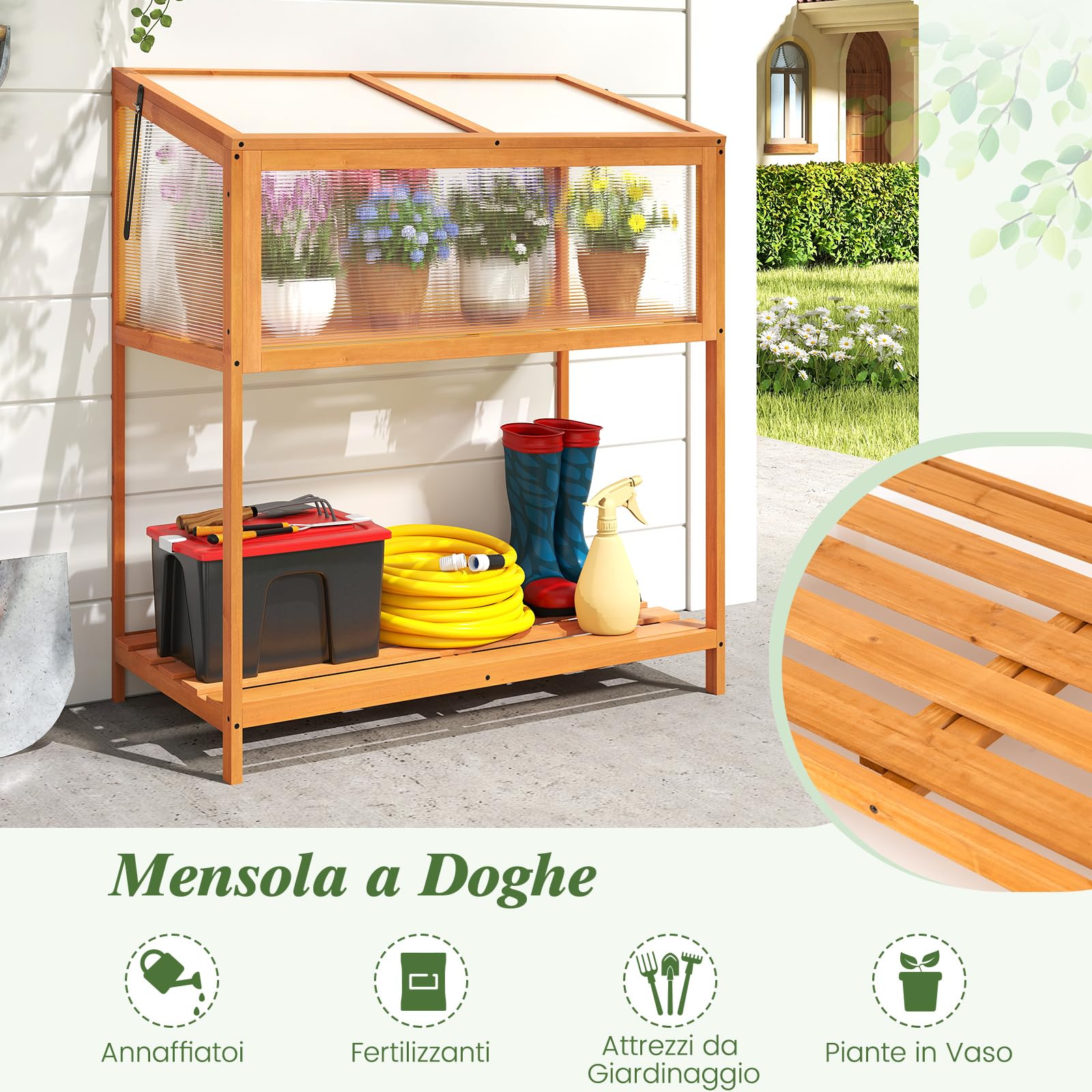 COSTWAY Mini Serra in Legno con Tetto Trasparente Apribile e Mensola a Doghe, Mini Serra Salvaspazio da Interno ed Esterno per Giardino, Veranda e Balcone, 90 x 50,5 x 105 cm