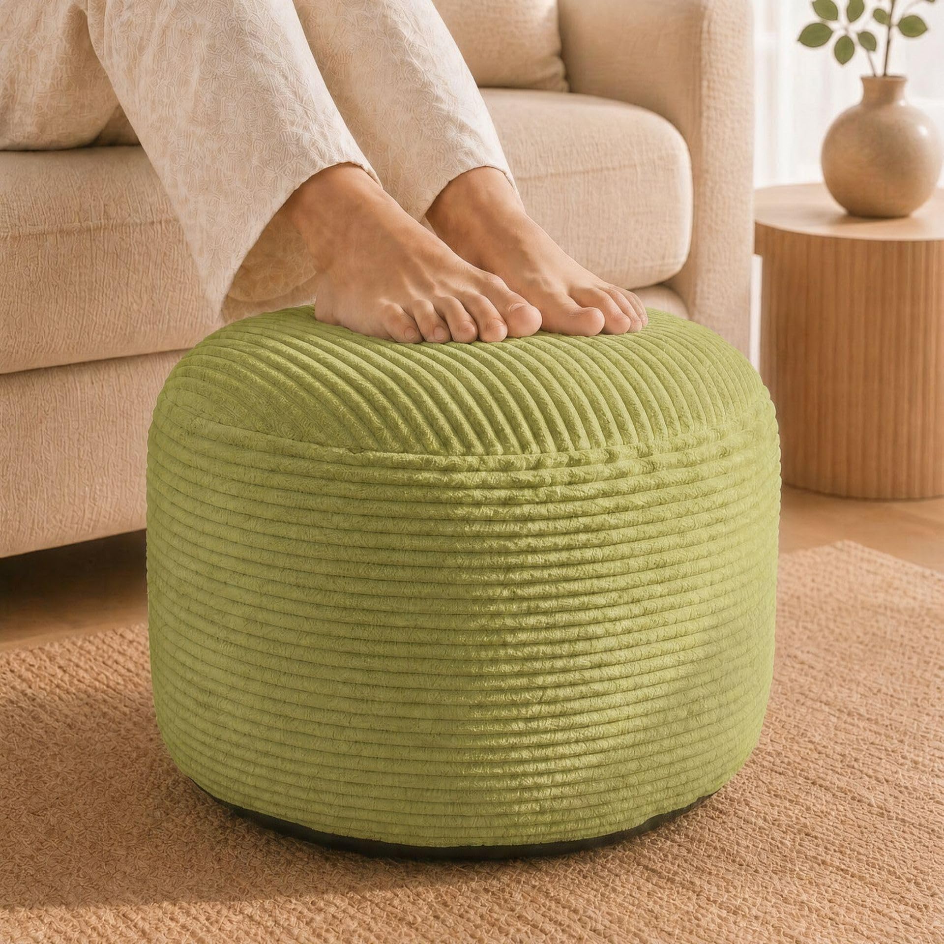 Stuffed Pouf Ottoman,Corduroy Foot Rest,Light Olive Green,20 Inch