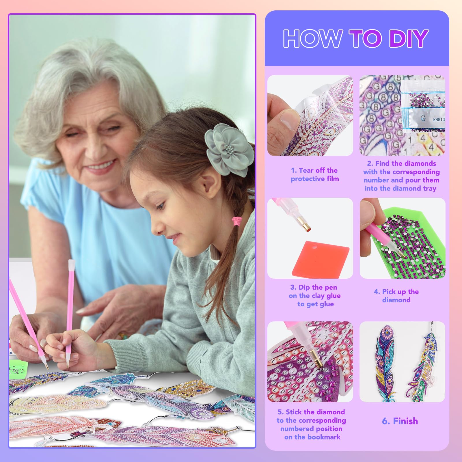 Diamond Painting Bladwijzers voor Kinderen,Knutselen voor Meisjes van 6, 7, 8, 9, 10, 11, 12 Jaar, Knutselset voor Kinderen,8 Stuks, Diamond Painting,Kinderbladwijzers voor Scholieren
