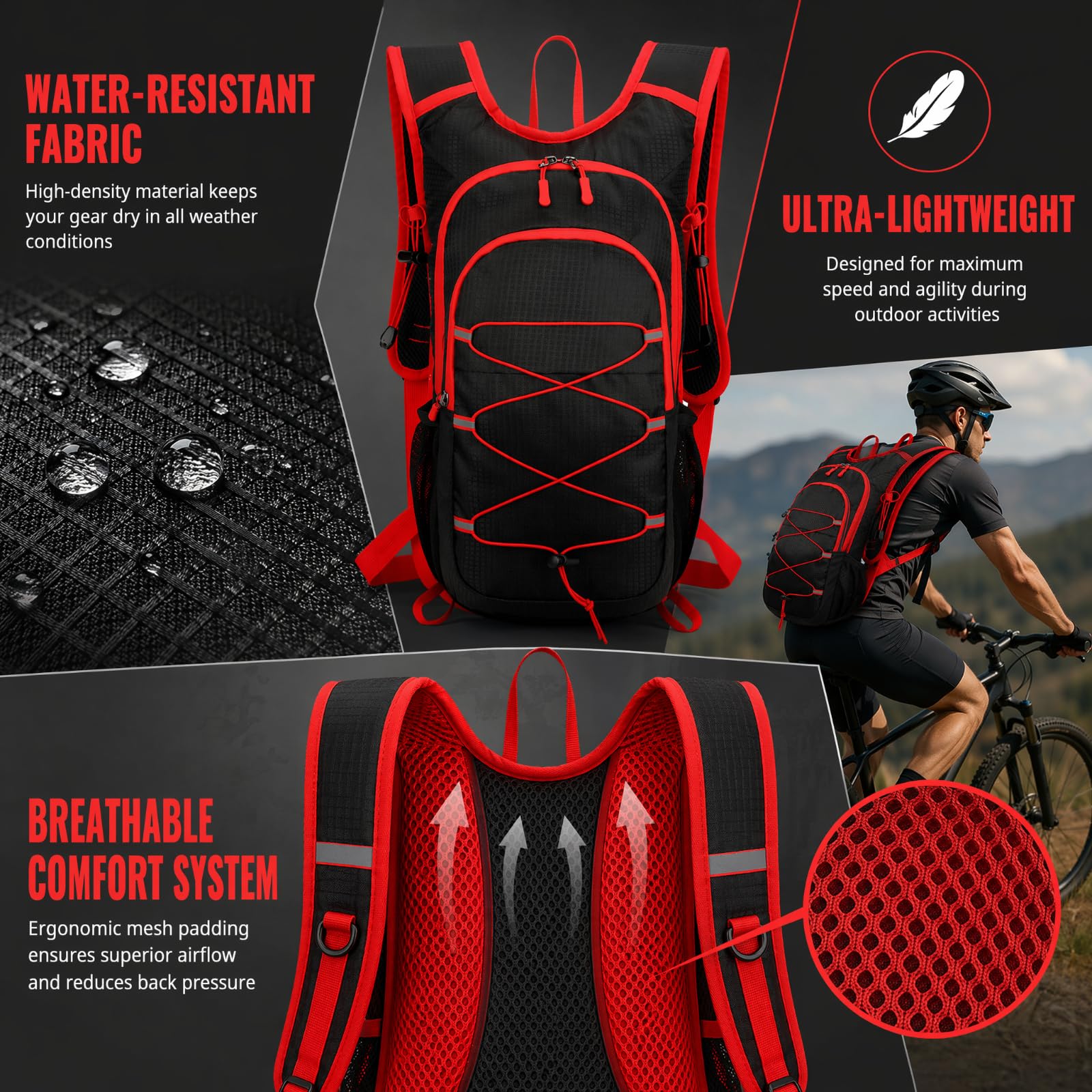 Mochila Deportiva Outdoor Ligera 20L, Mochila Ciclismo Senderismo de para Hombre Mujer, Impermeable & Transpirable para Correr, Ciclismo, Escalada, Viaje (Rojo)